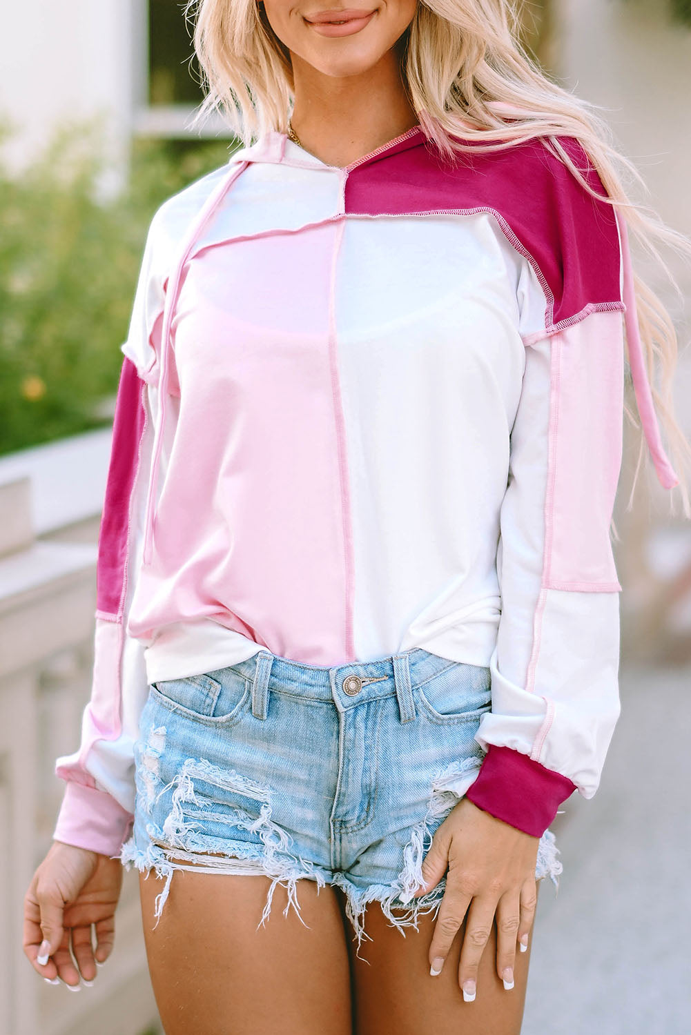 Pink Colorblock Exposed Seam Loose Sleeve Hoodie