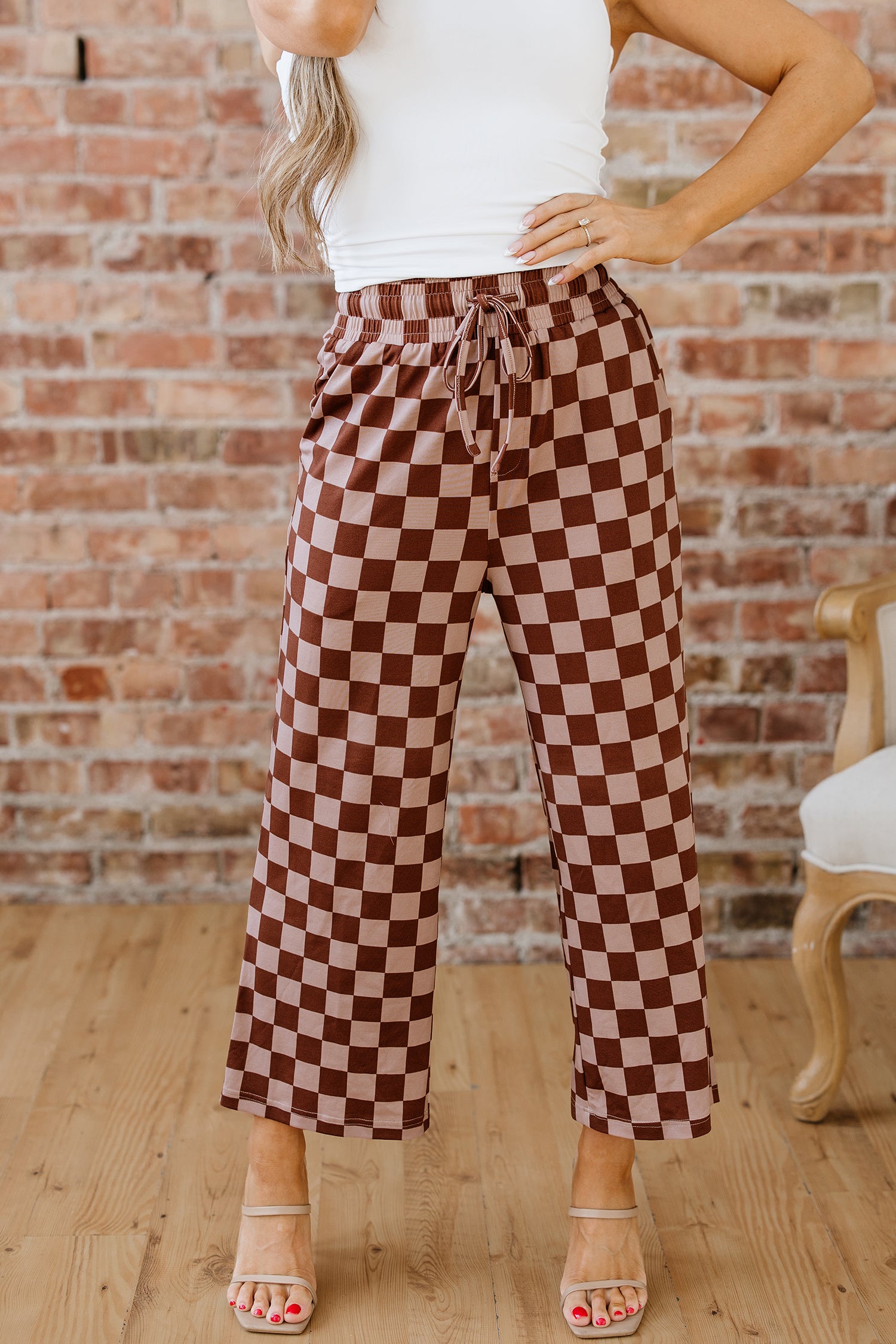 Lavendar Lane Clothing khaki checkered elastic high-waist loose casual pants, stylish bottoms with a relaxed fit.