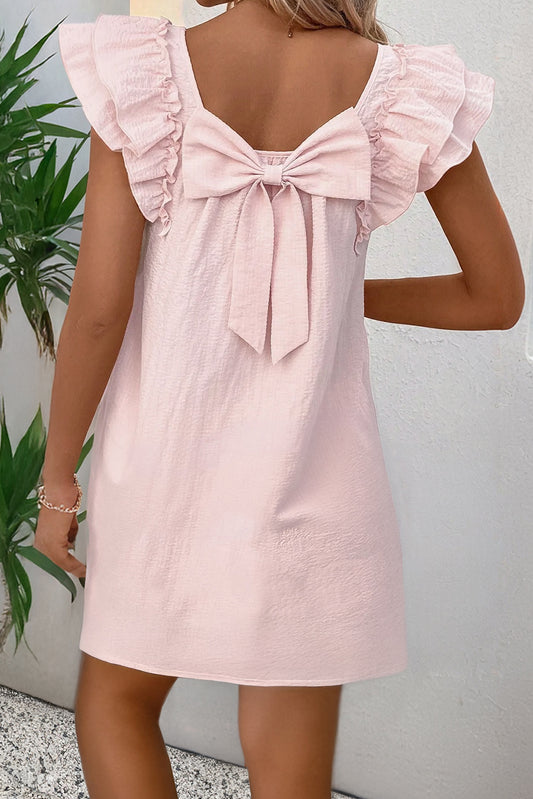 Light Pink Textured Flutter Sleeve Square Neck Bow Back Dress