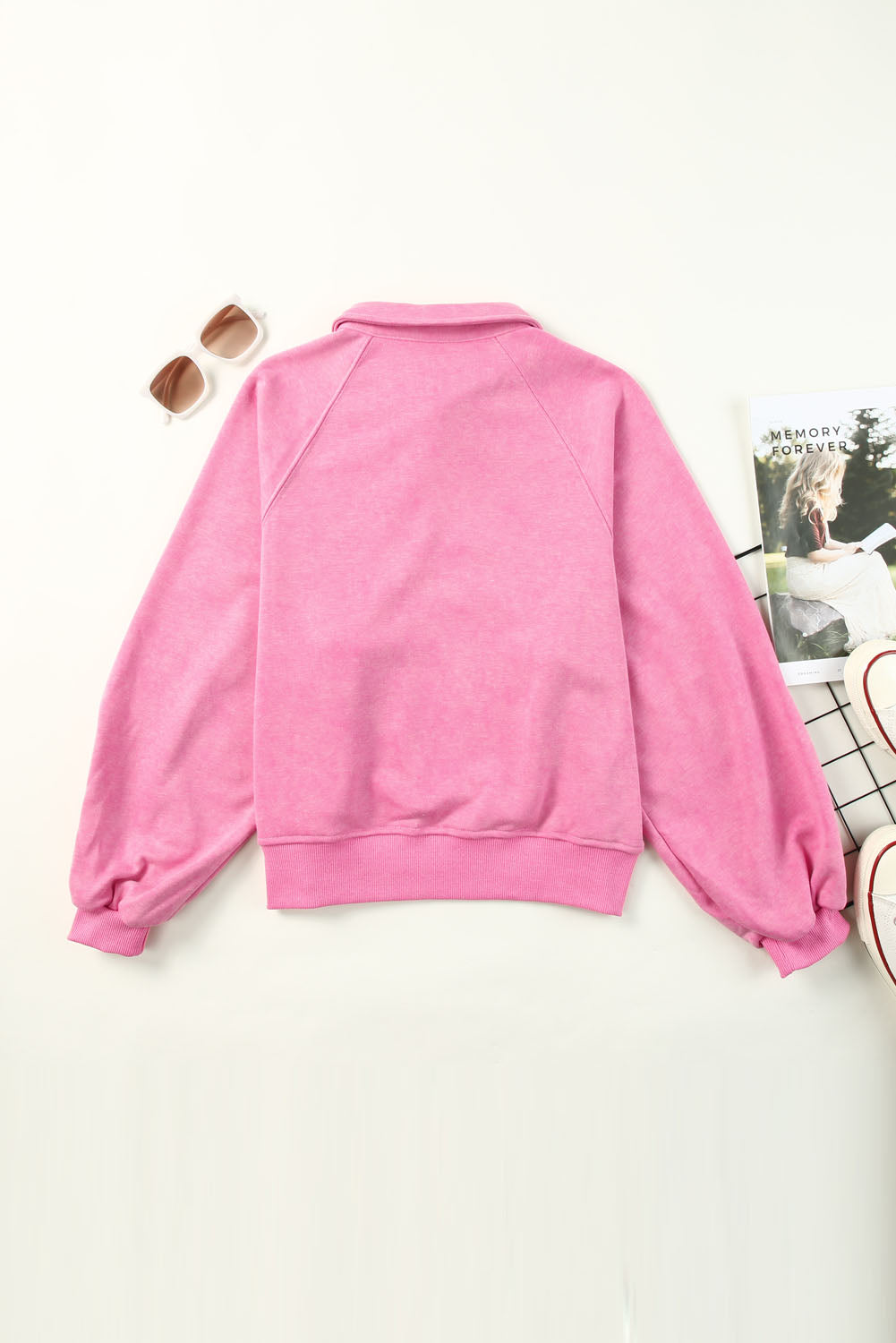 Pink Washed Snap Buttons Lantern Sleeve Pullover Sweatshirt