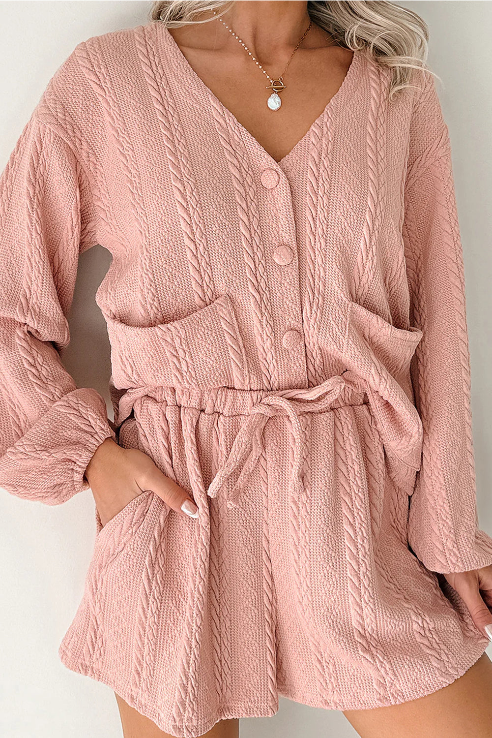 Lavendar Lane Pink Cable Knit V-Neck Cardigan and Shorts Set, two-piece casual outfit with cozy knit fabric and relaxed fit.
