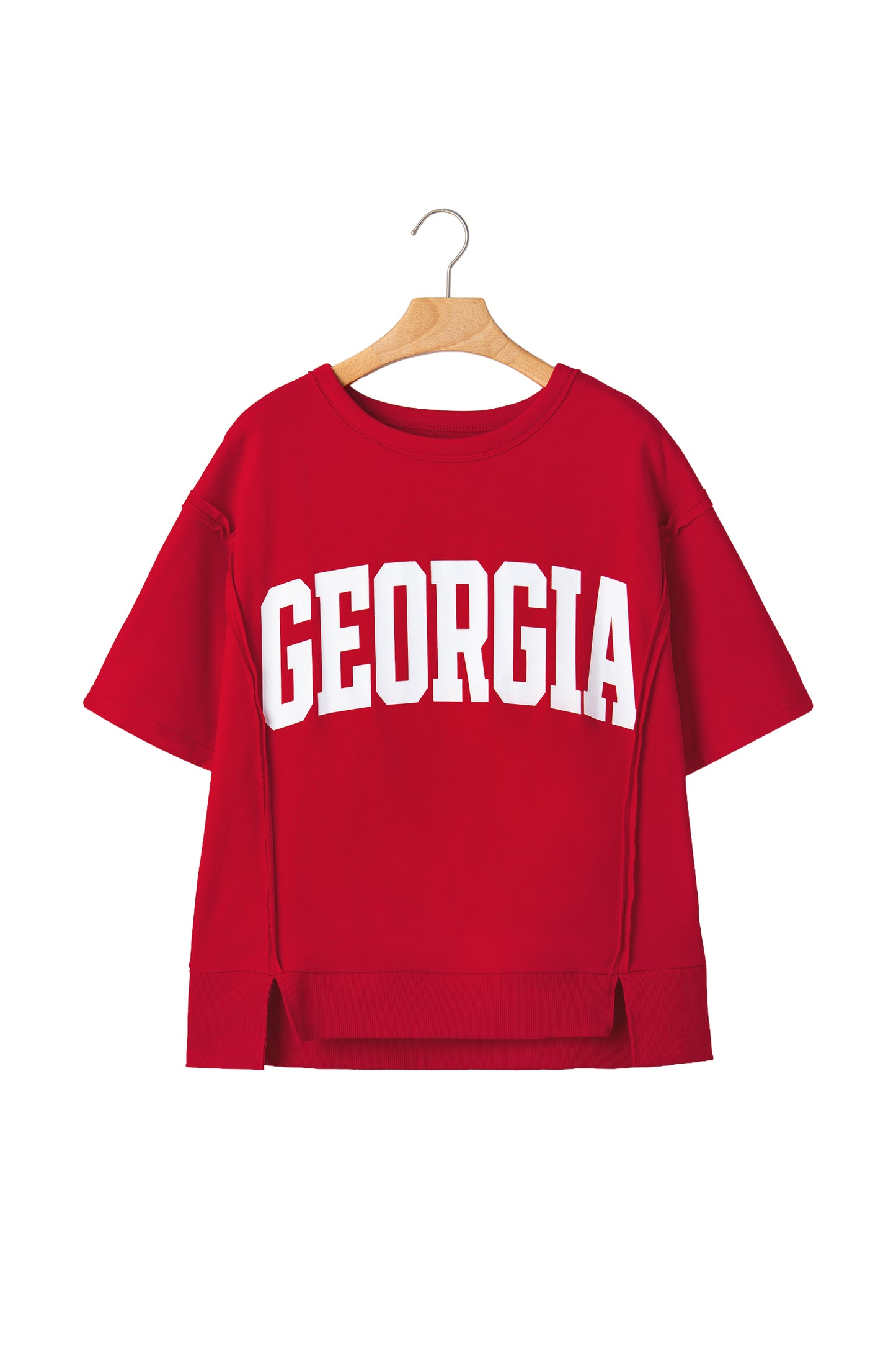 Lavendar Lane Clothing Racing Red Georgia letter printed raw seam drop shoulder loose blouse, casual and stylish.
