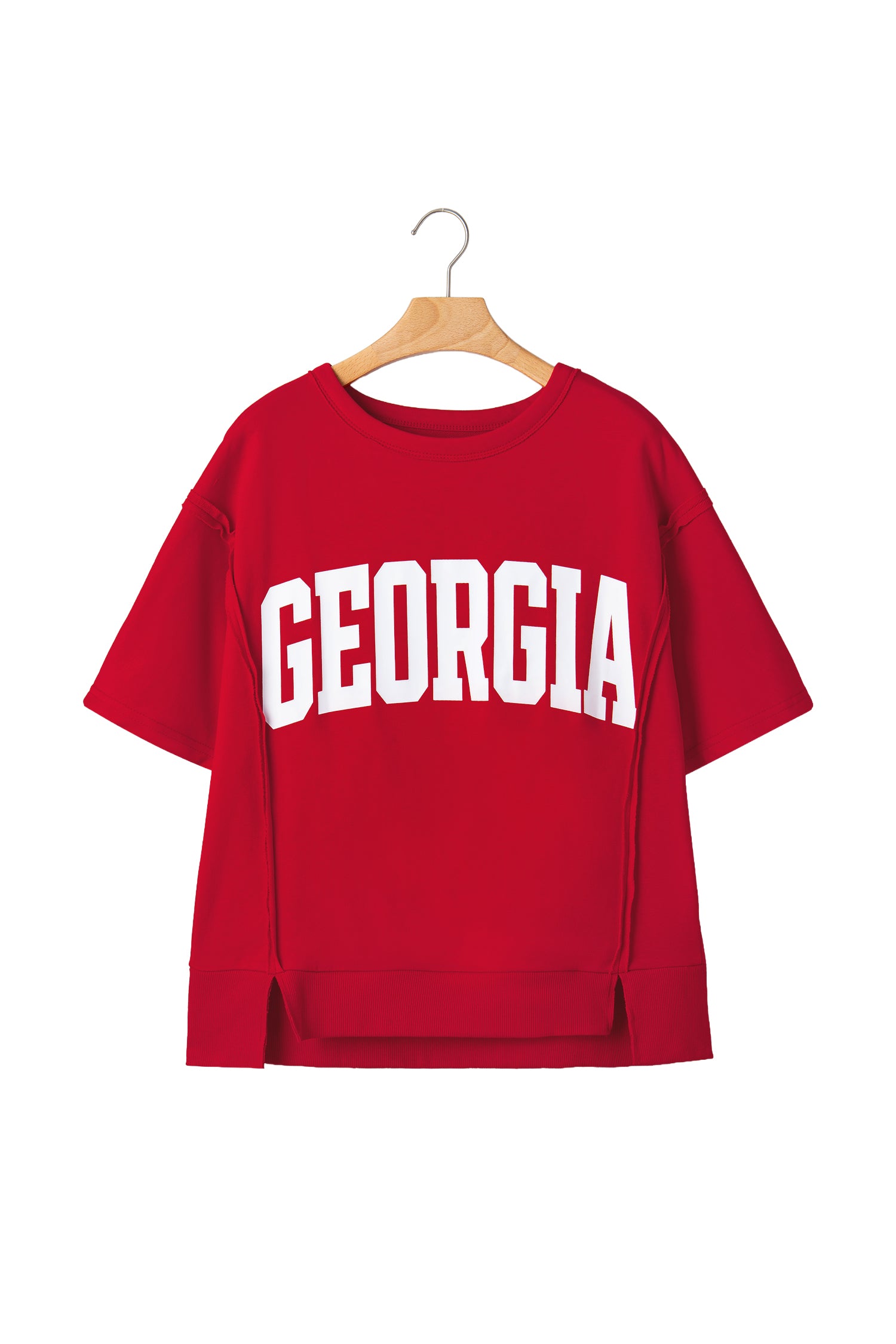 Lavendar Lane Clothing Racing Red Georgia letter printed raw seam drop shoulder loose blouse, casual and stylish.