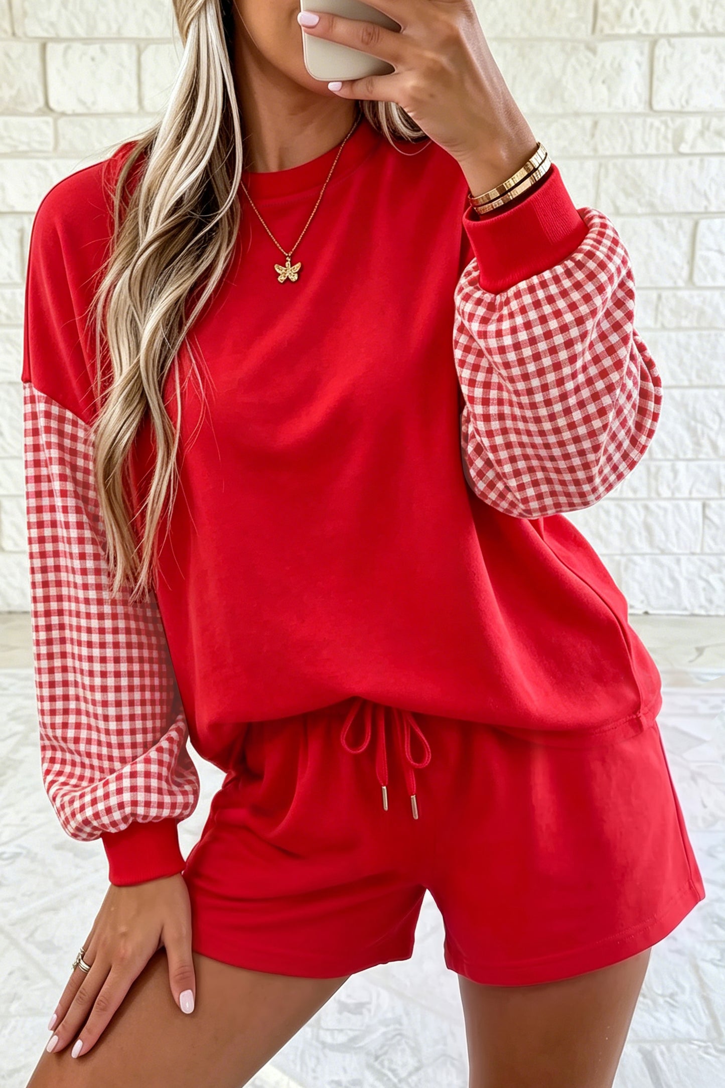 Blue Plaid Patchwork Long Sleeve Top Solid Drawstring Shorts Set