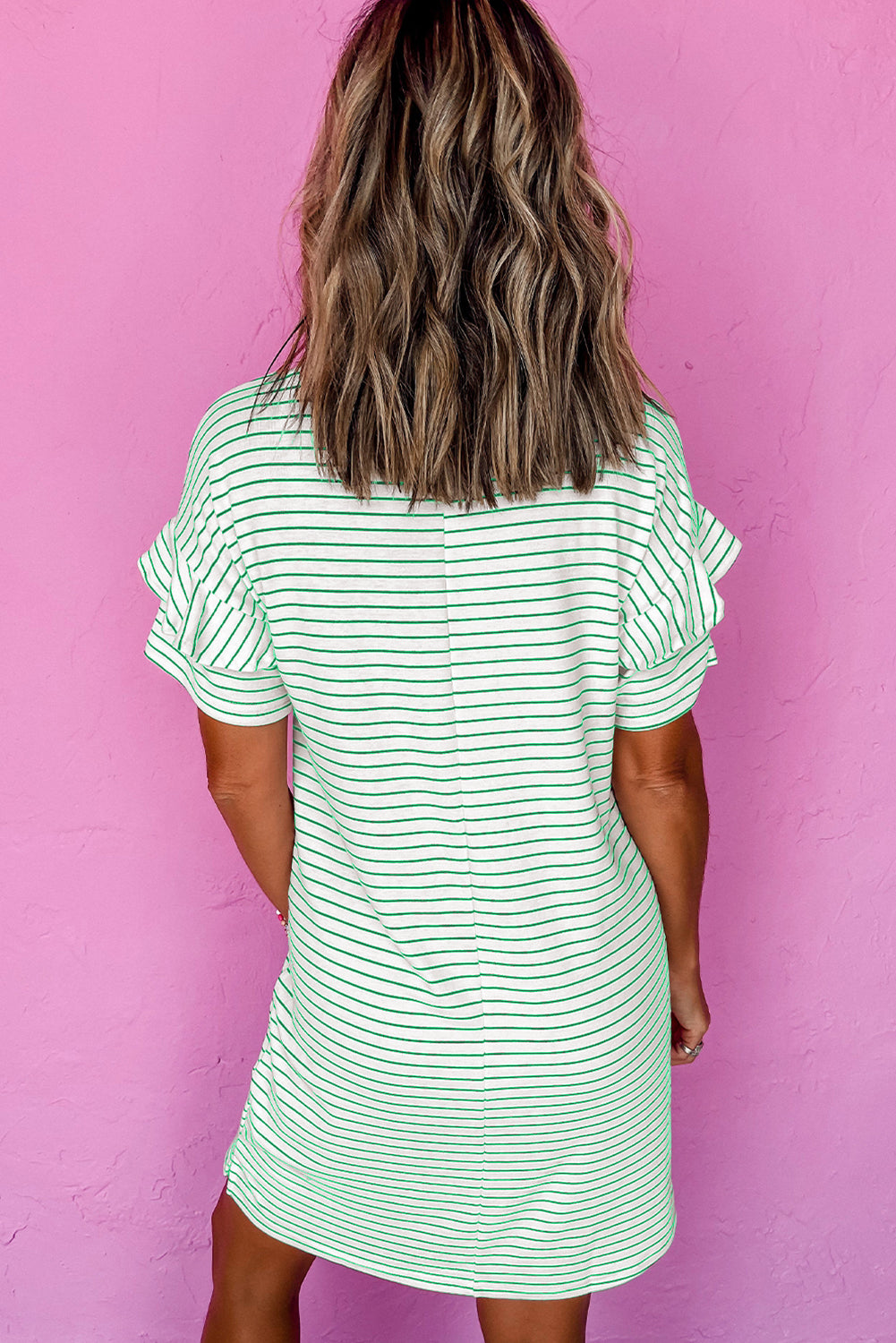 Green Stripe Ruffled Short Sleeve Crew Neck Shift Mini Dress