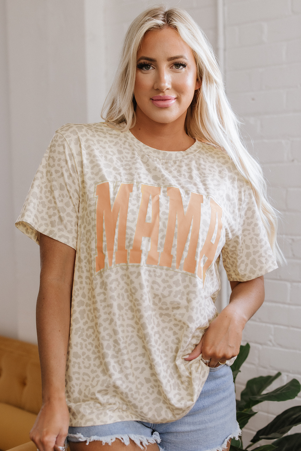 Yellow MAMA Letter Graphic Leopard Loose Tee Shirt