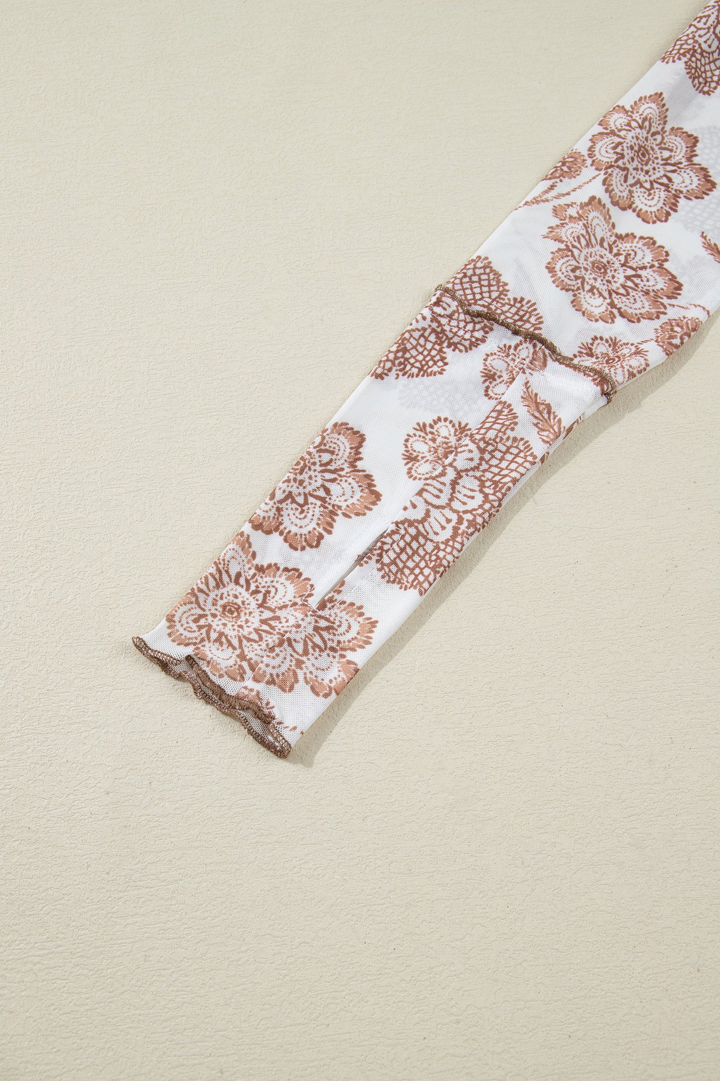 Brown Thumbhole Long Sleeve Floral Print Mesh Top