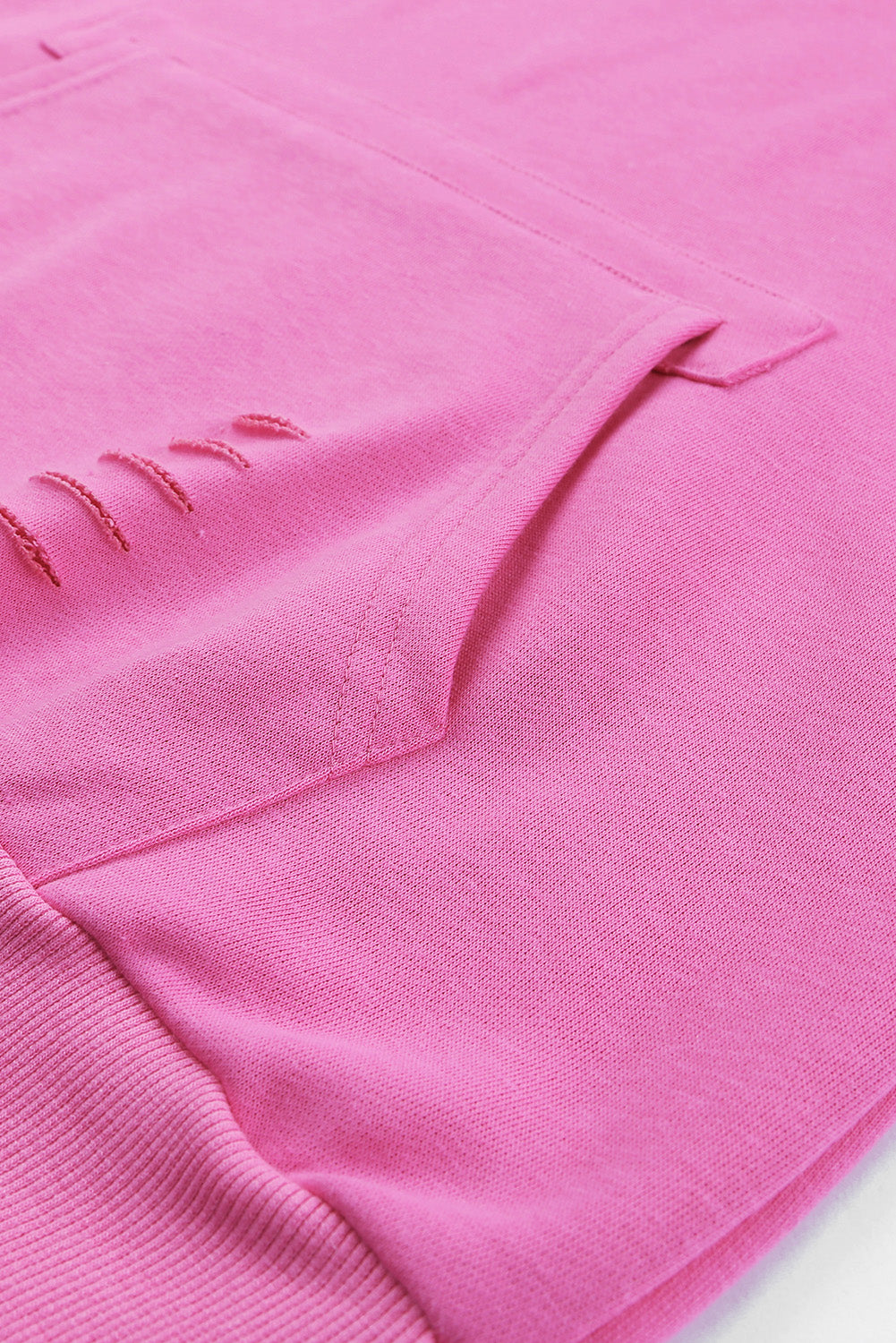 Pink Solid Ripped Hooded Sweatshirt with Kangaroo Pocket