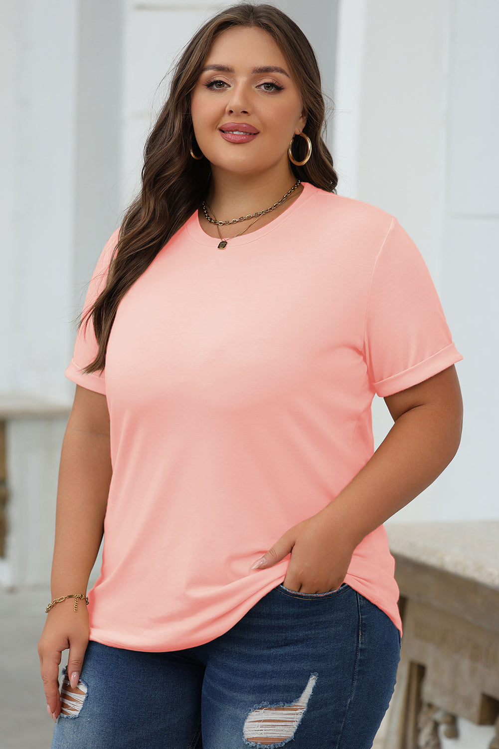 Pink Casual Plain Crew Neck Top