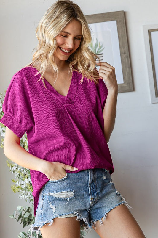 Solid Textured V Neck Short Sleeve Top-Variety Of Colors