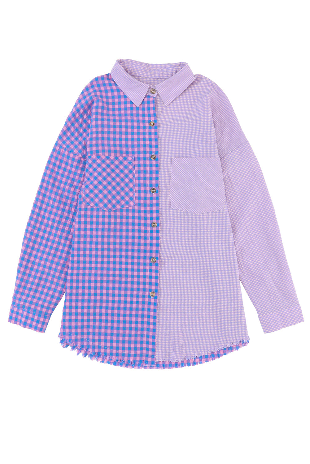 Purple Mixed Plaid Button Down Long Sleeve Chest Pocket Shirt