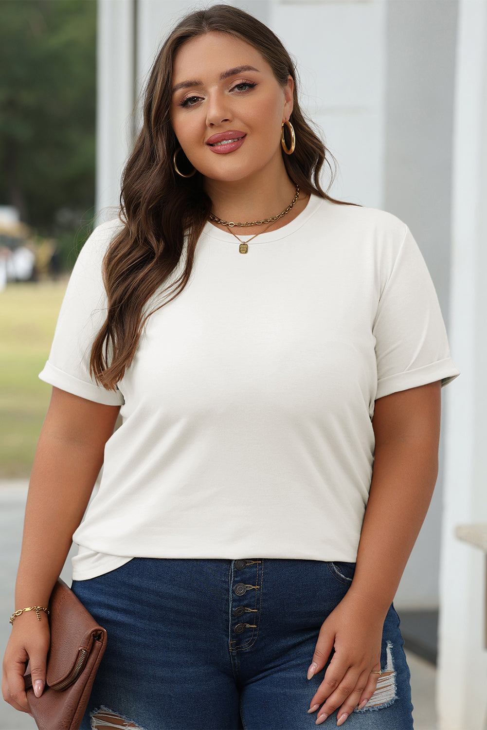 White Casual Plain Crew Neck Top