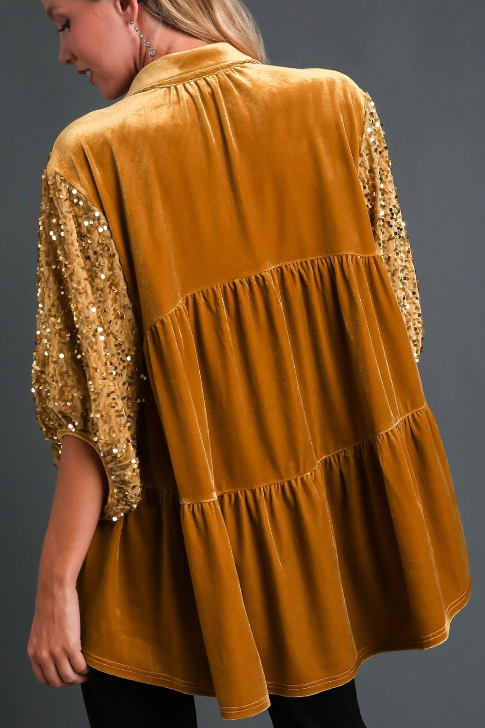 Umgee Sequin Detail Tiered Back Half Sleeve Shirt-Variety of Colors