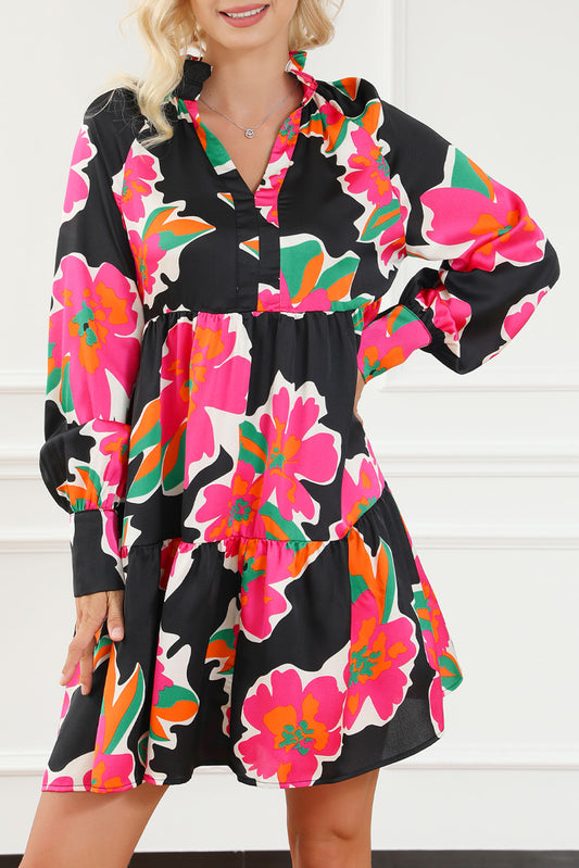 Multicolor Frill Collar Split Neck Long Sleeve Floral Dress