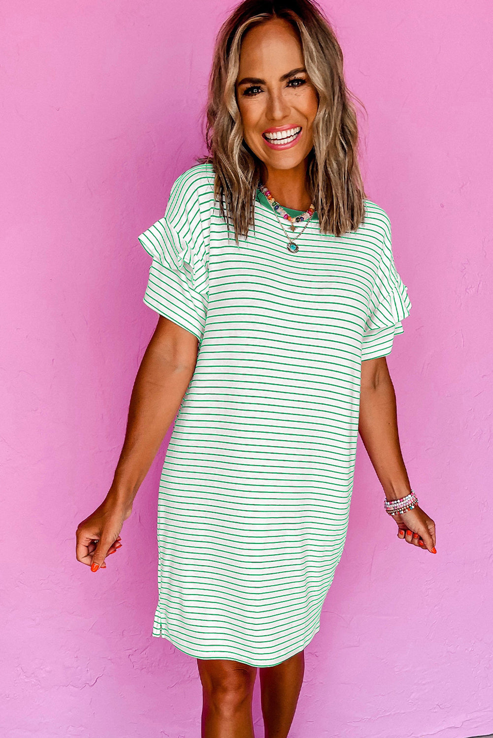 Green Stripe Ruffled Short Sleeve Crew Neck Shift Mini Dress