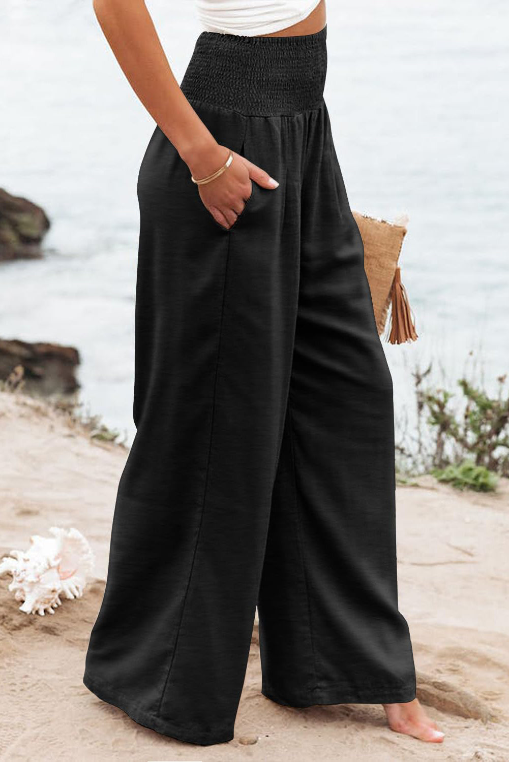 Black Shirred High Waist Plus Size Wide Leg Pants