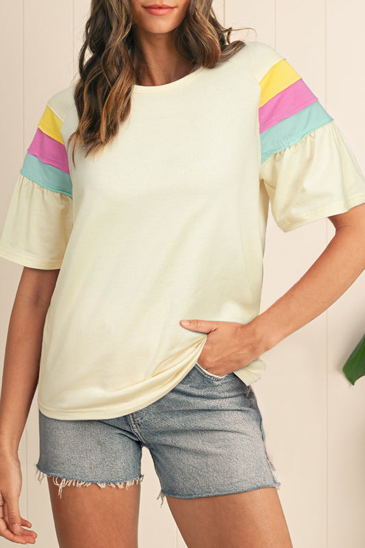 White Color Block Stitched Sleeve Loose Top