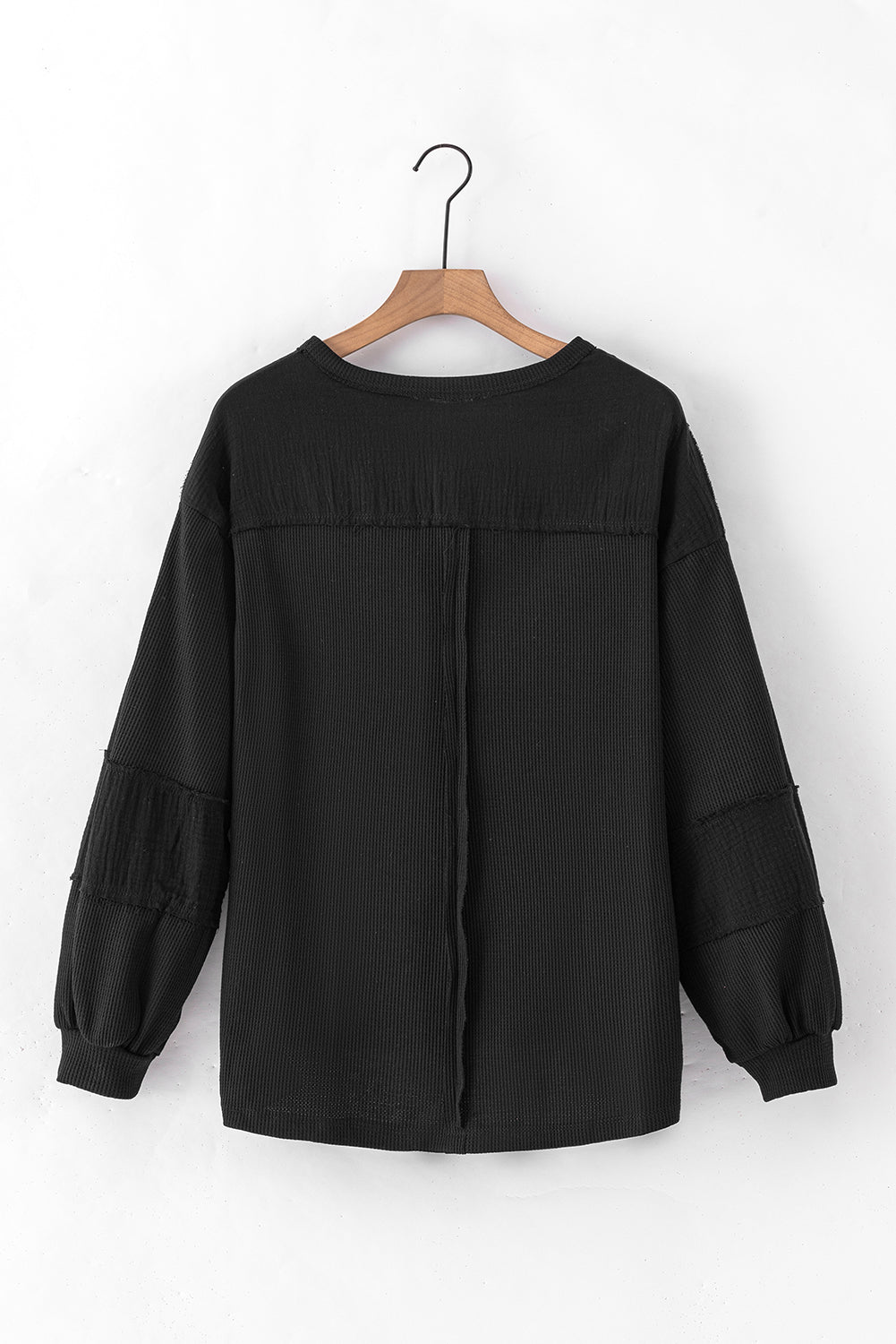 Black Exposed Seam Patchwork Bubble Sleeve Waffle Knit Top