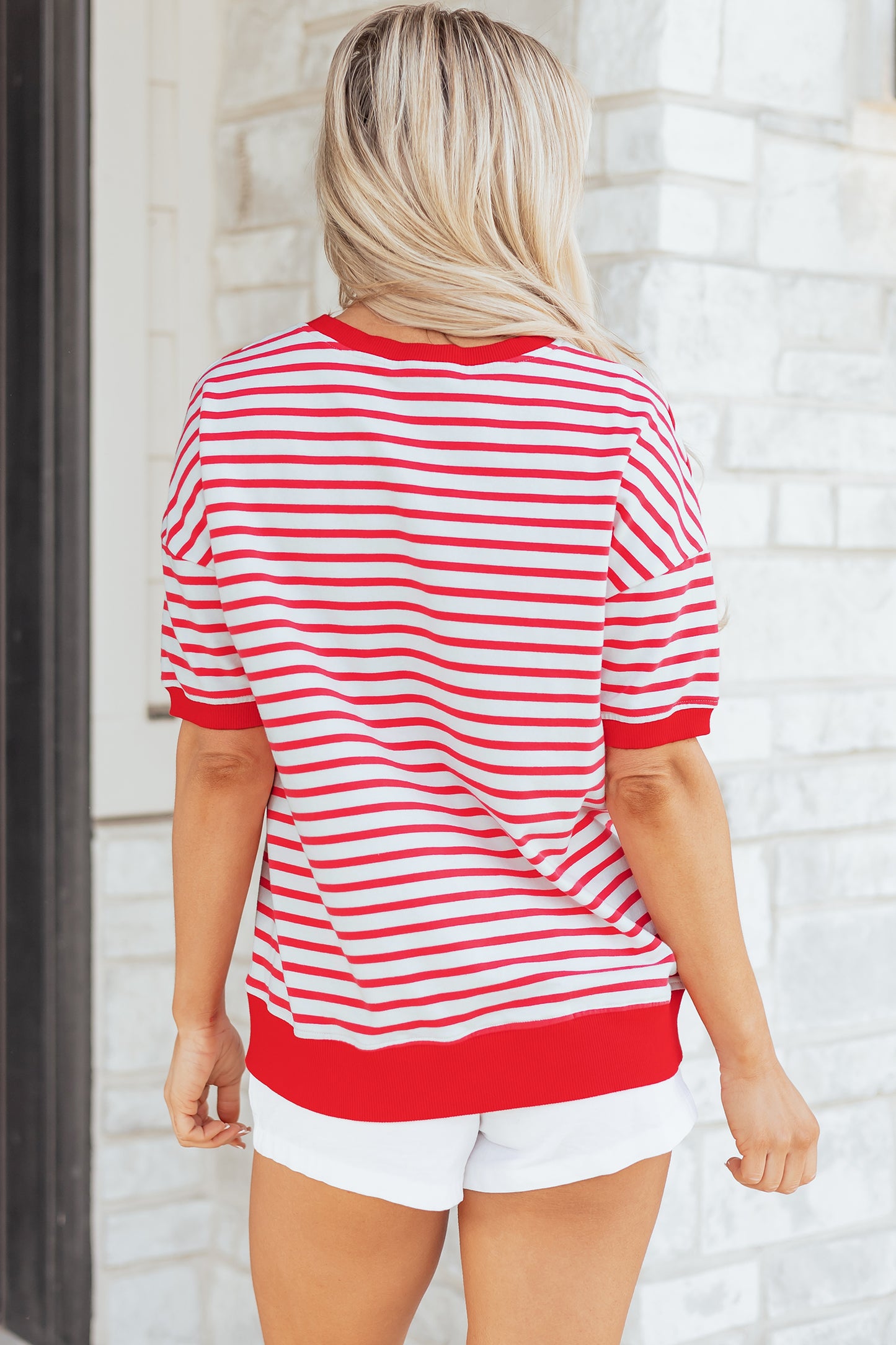 Red Stripe Drop Shoulder Half Sleeve Top
