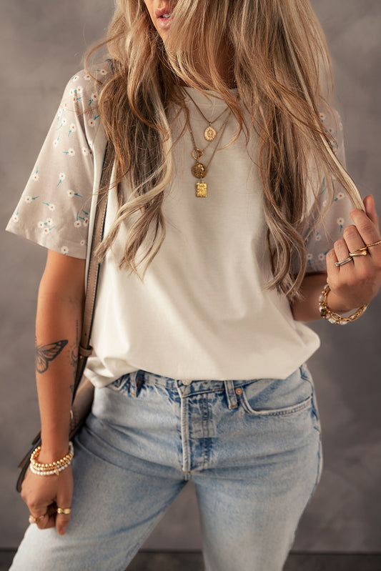 Beige Floral Print Color Block Raglan Sleeve Top