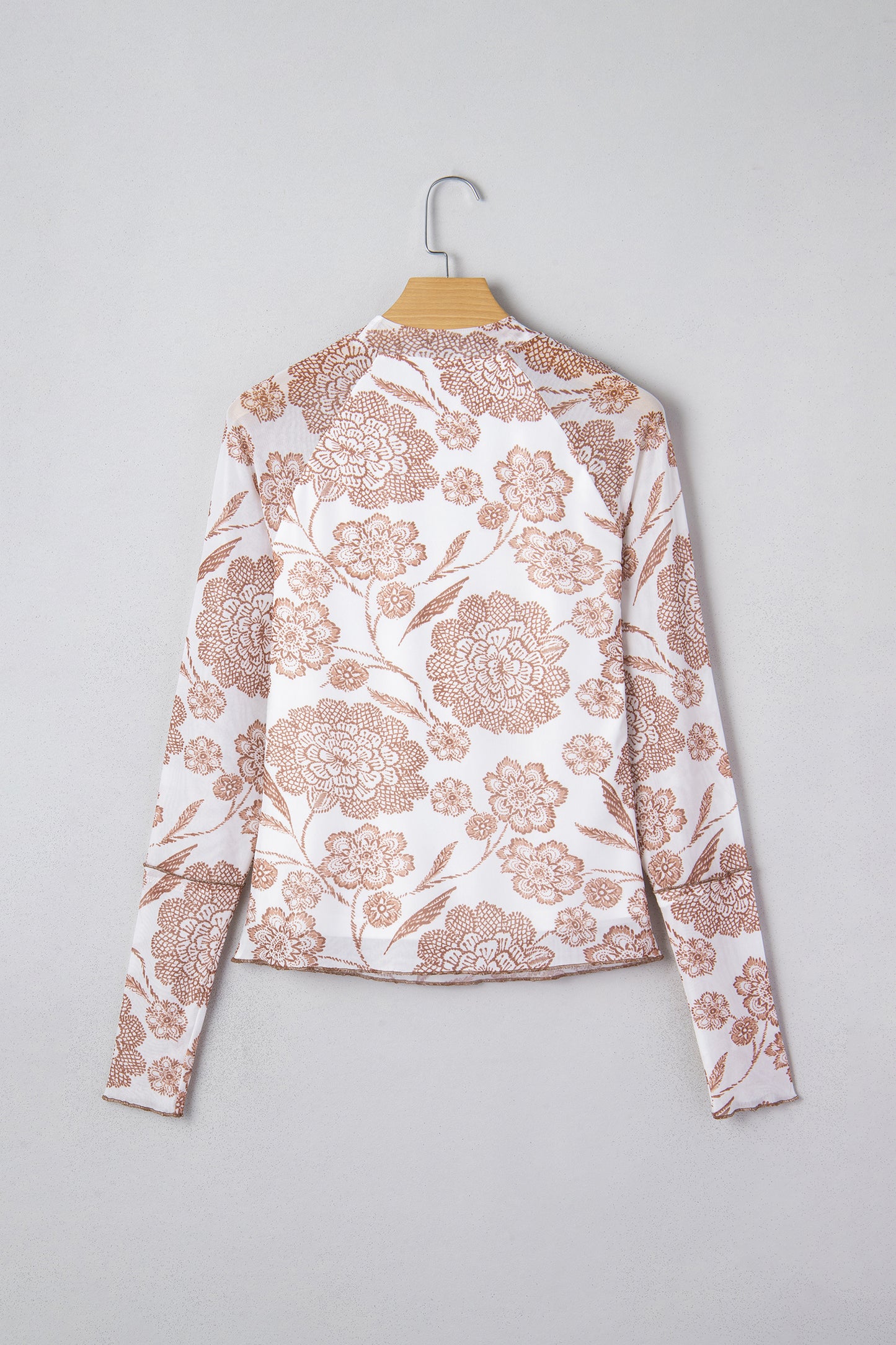 Brown Thumbhole Long Sleeve Floral Print Mesh Top