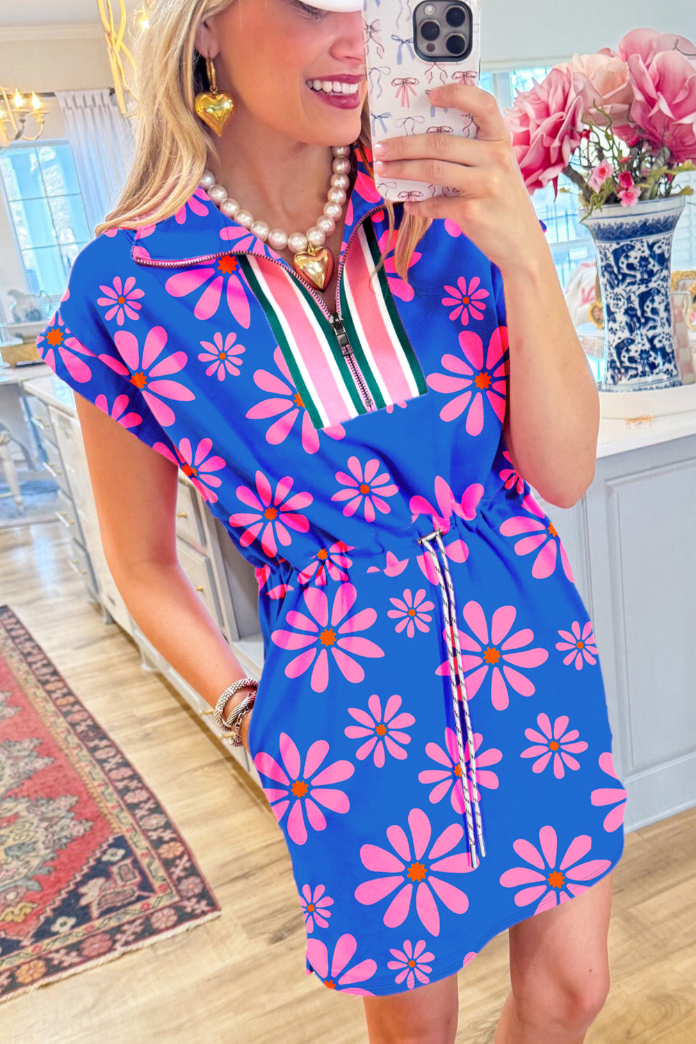 Purple Floral Striped Quarter Zip Cap Sleeve Drawstring Waist Dress