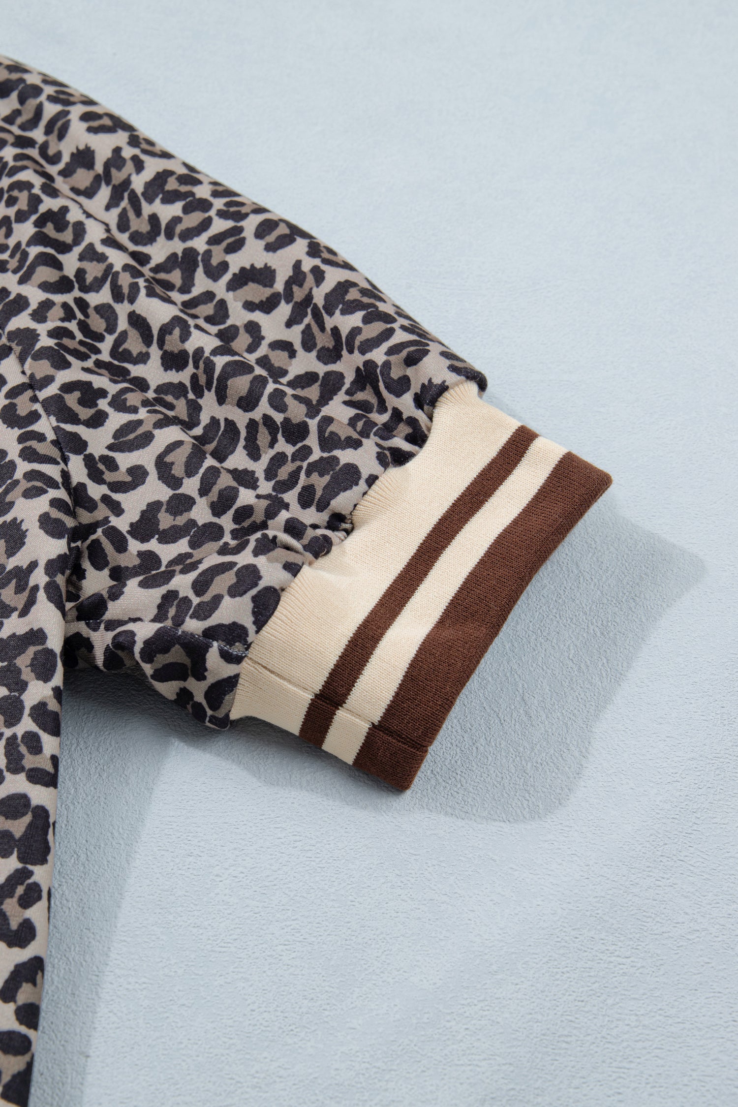 Lavendar Lane khaki leopard print half zip short sleeve top with striped trim and patchwork design, casual blouse for women.
