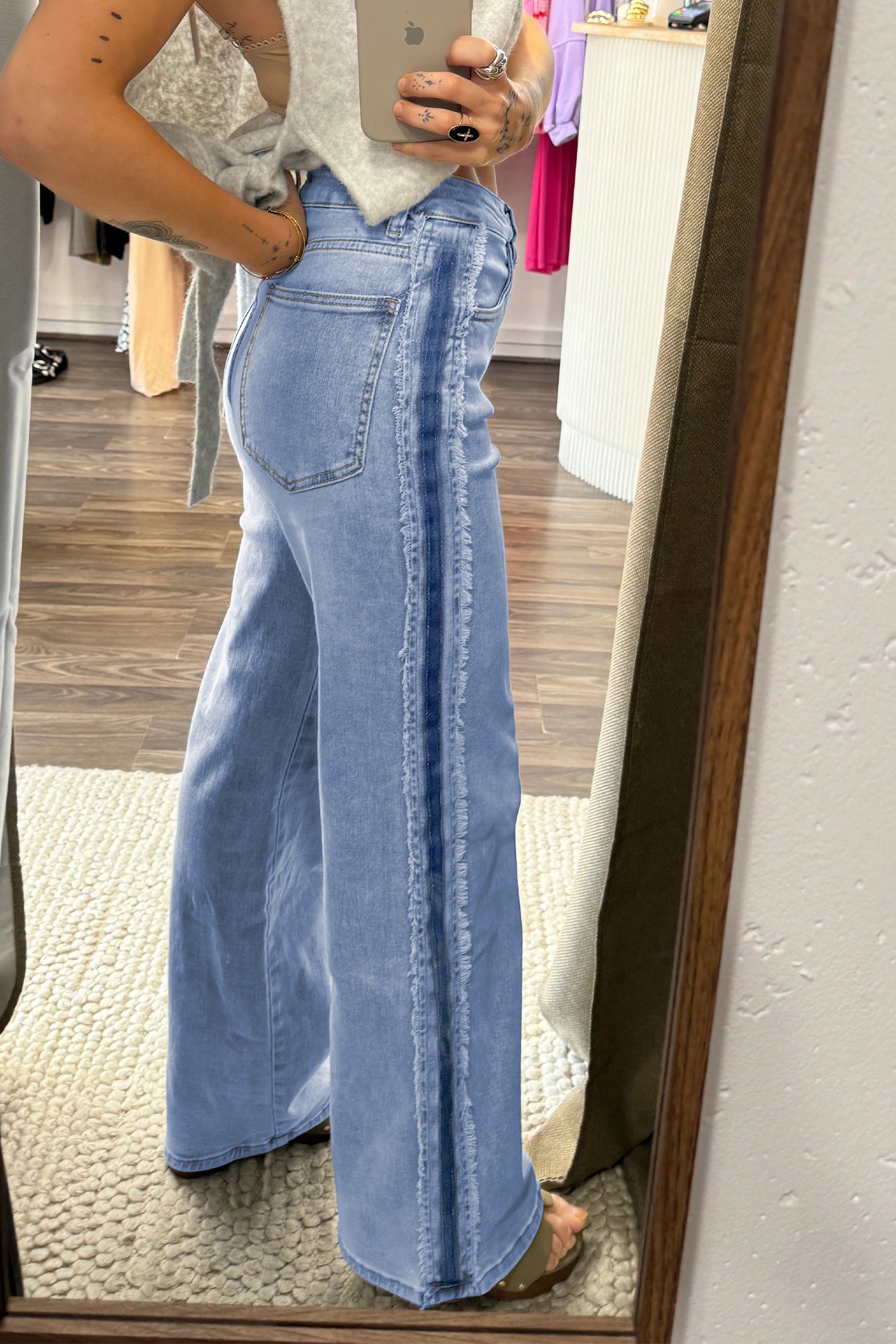 Lavendar Lane Clothing Beau Blue contrast stripe frayed side panel patchwork shift jeans, stylish denim bottoms with unique detailing