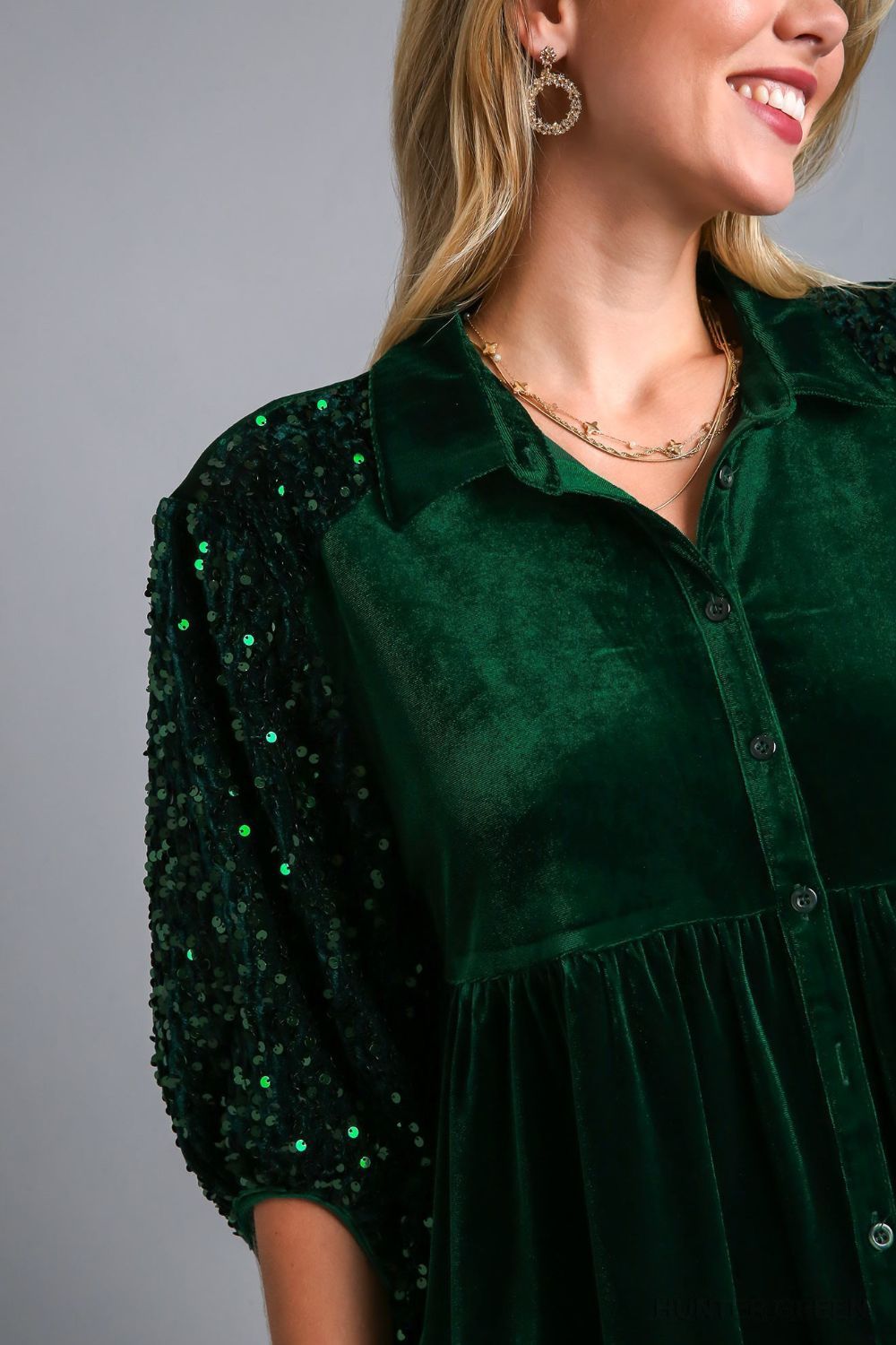 Umgee Sequin Detail Tiered Back Half Sleeve Shirt-Variety of Colors