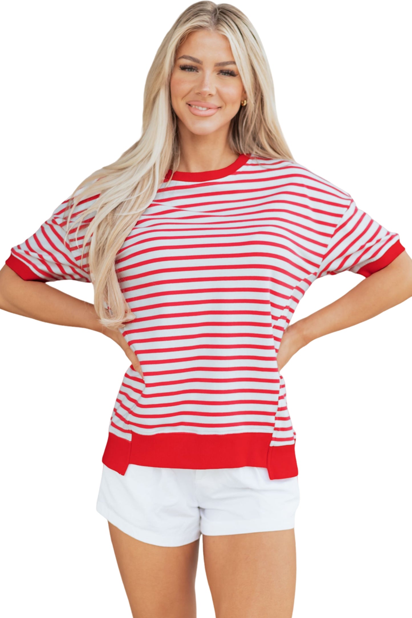 Red Stripe Drop Shoulder Half Sleeve Top