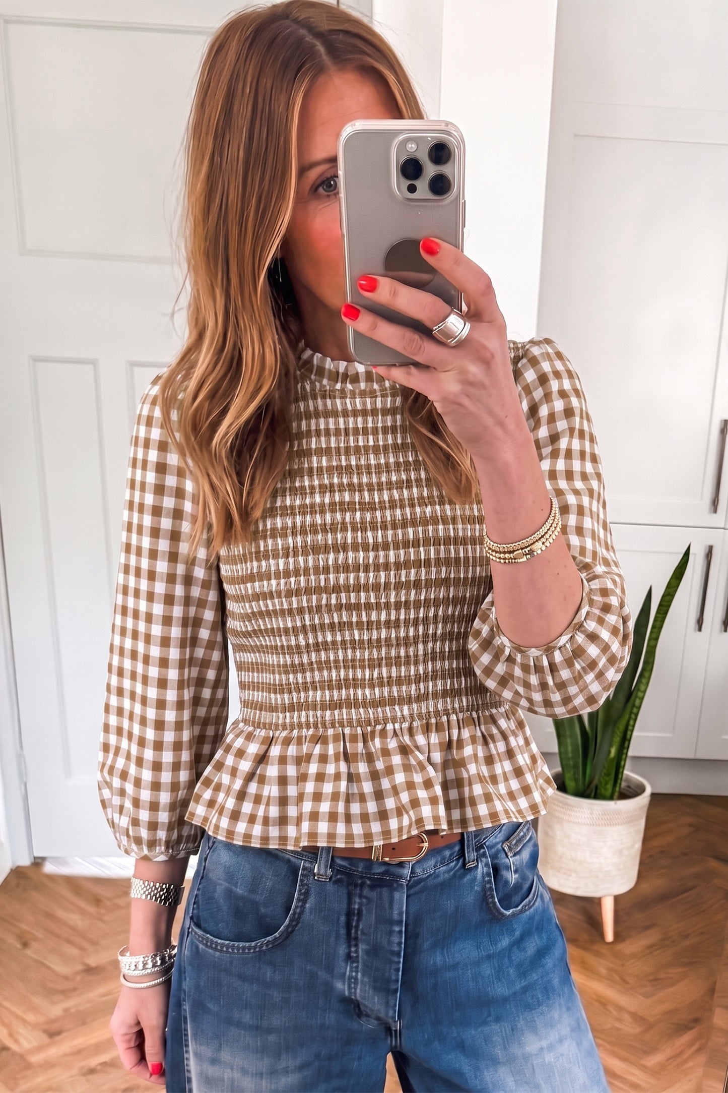 Red 3/4 Sleeve Shirred Plaid Peplum Top