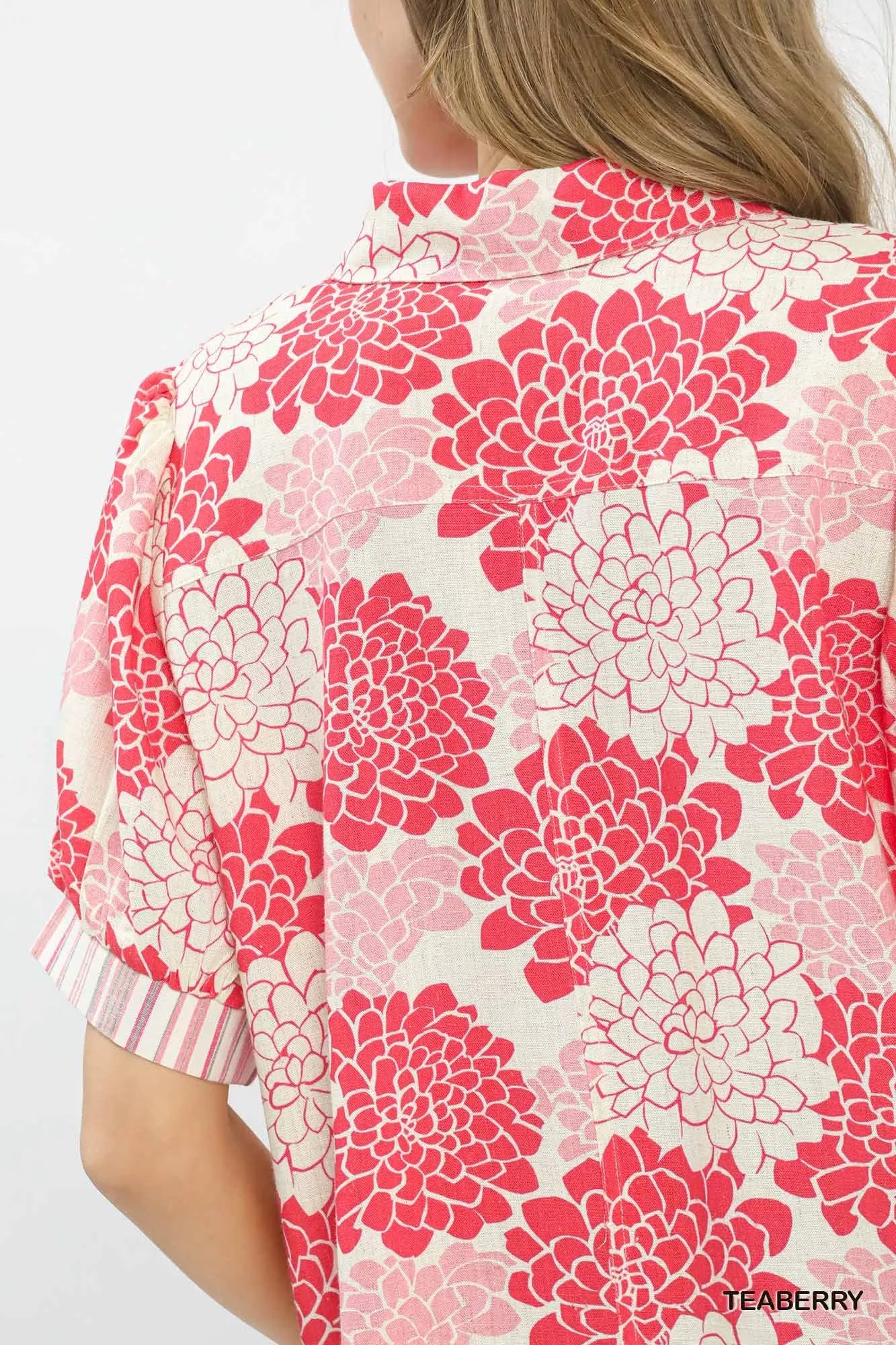 Lavendar Lane Clothing floral collared short sleeve blouse with a feminine floral pattern, button-up front, and classic collar.