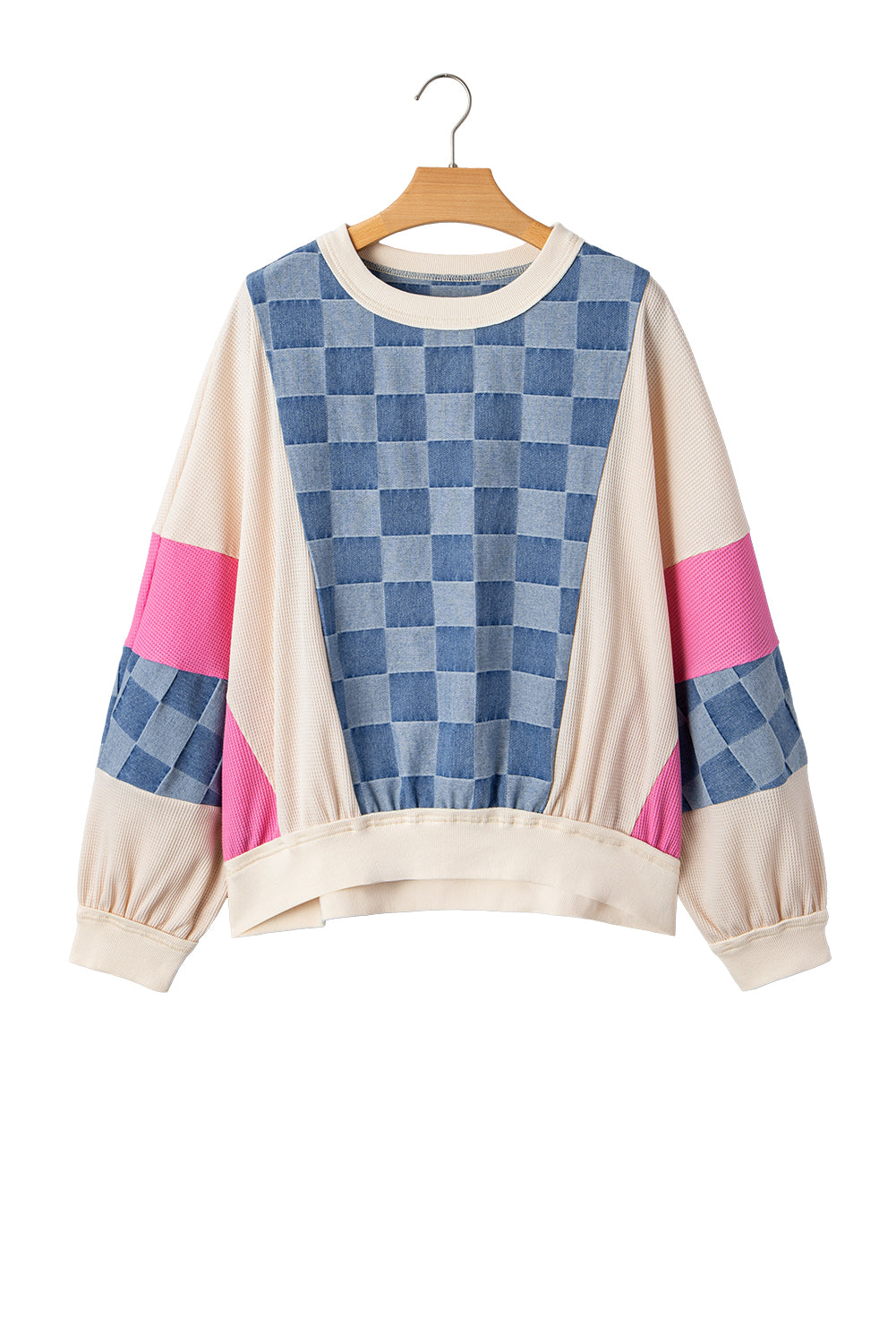 Sky Blue Oversized Checkered Denim Exposed Seam Patchwork Casual Top
