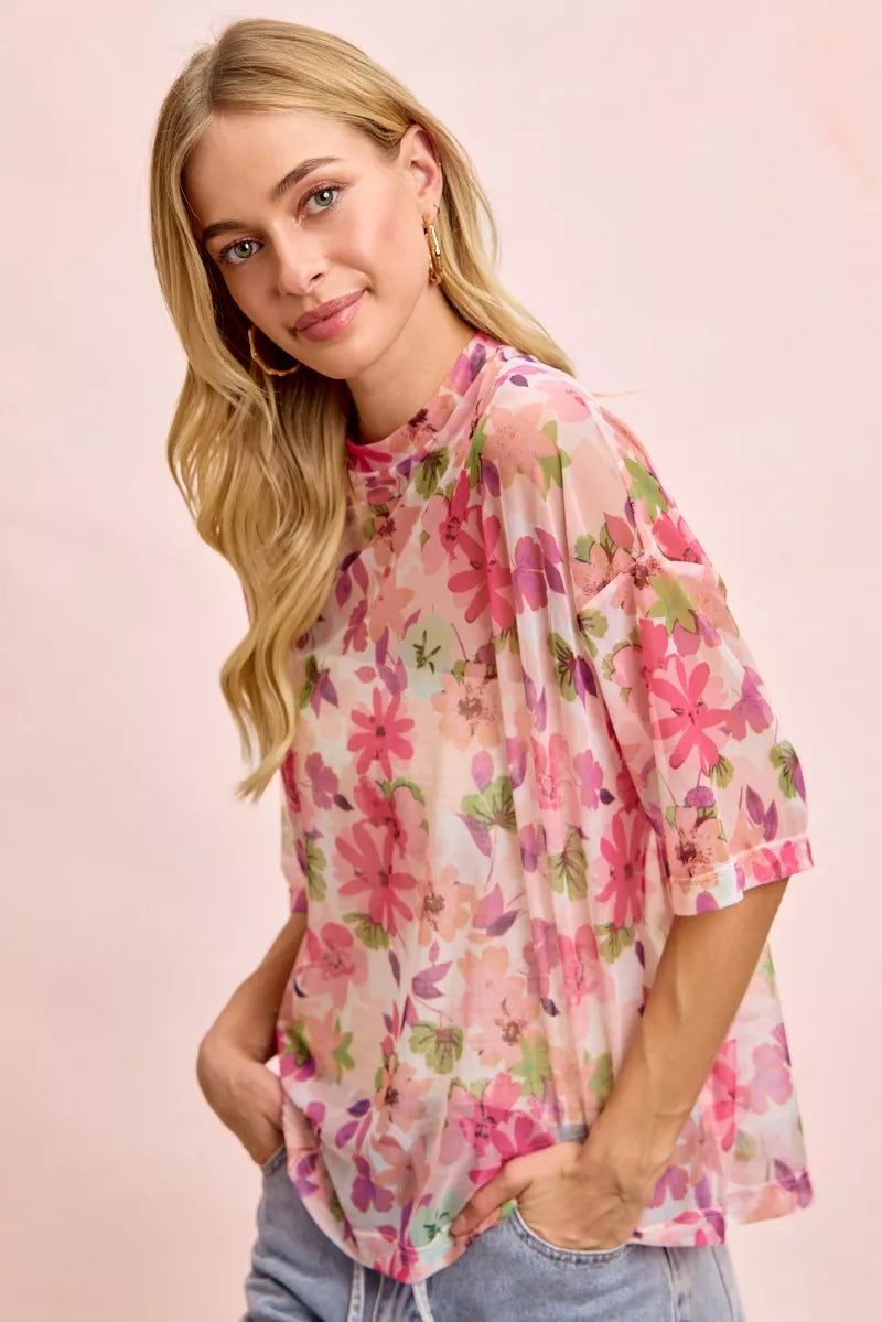 Lavendar Lane Clothing floral print short sleeve mesh blouse with boxy fit, lightweight and stylish for casual wear.
