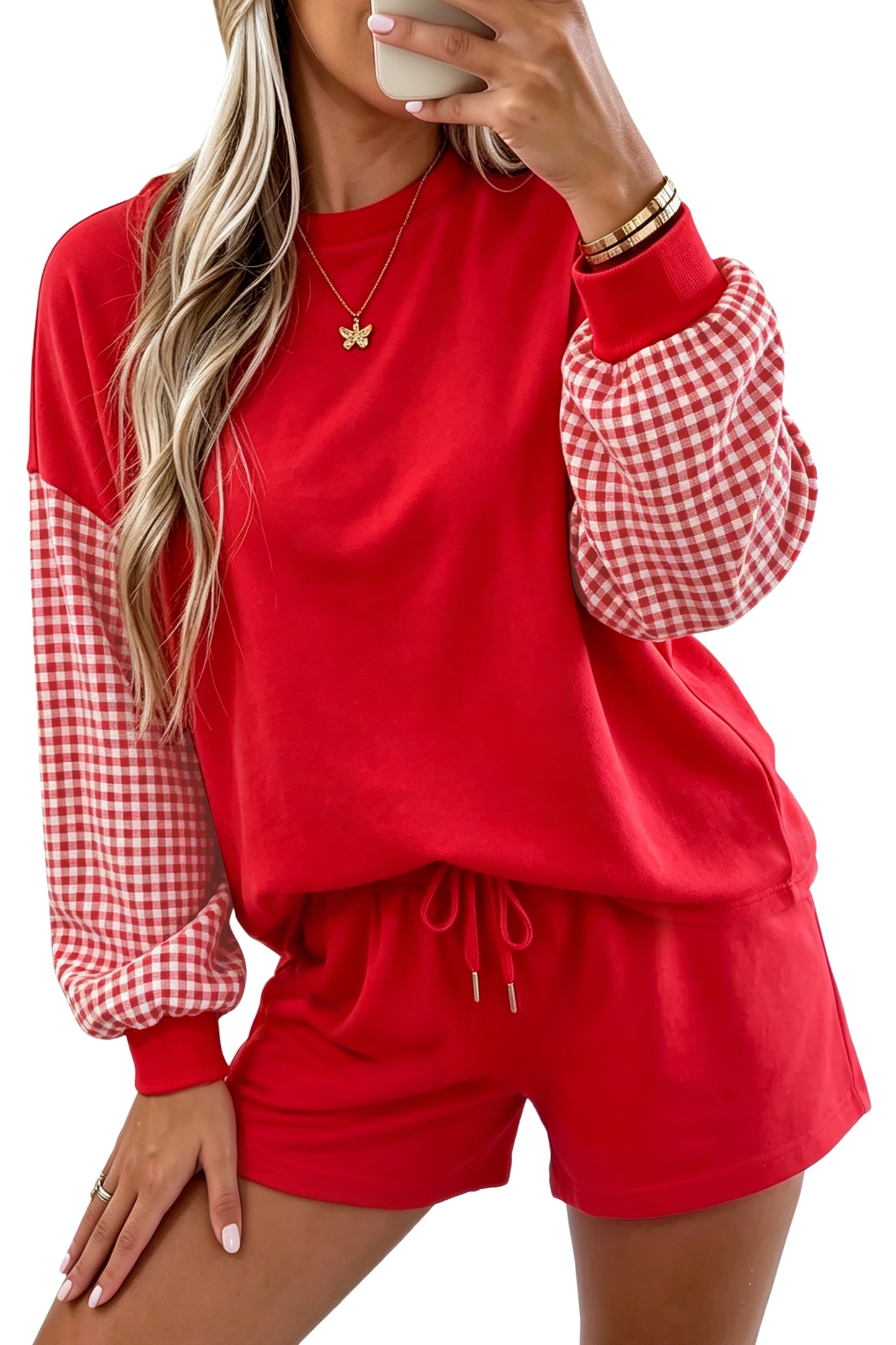 Blue Plaid Patchwork Long Sleeve Top Solid Drawstring Shorts Set
