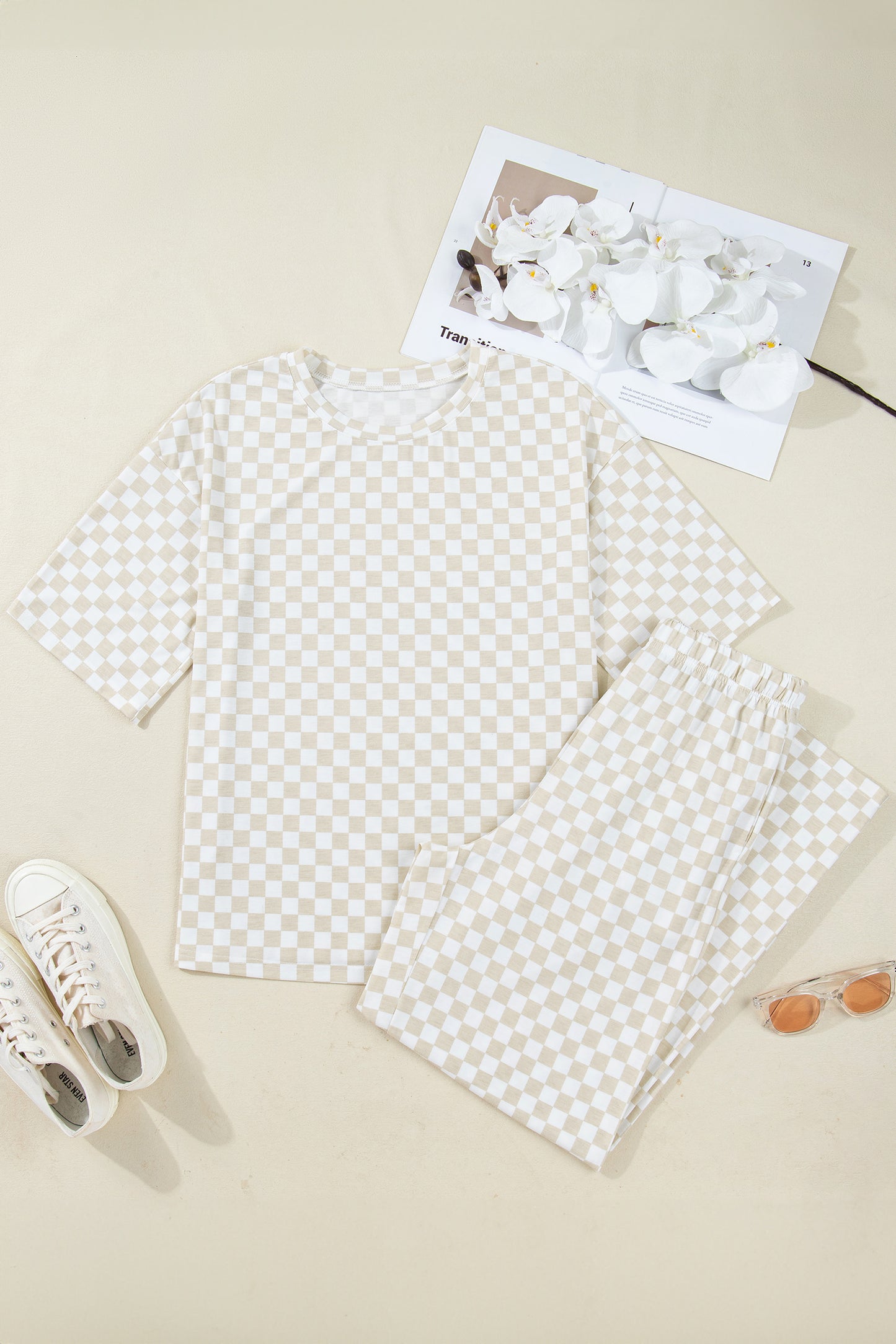 Lavendar Lane Clothing khaki checkered print half sleeve tee with matching lounge pants in a 2-piece loungewear set.