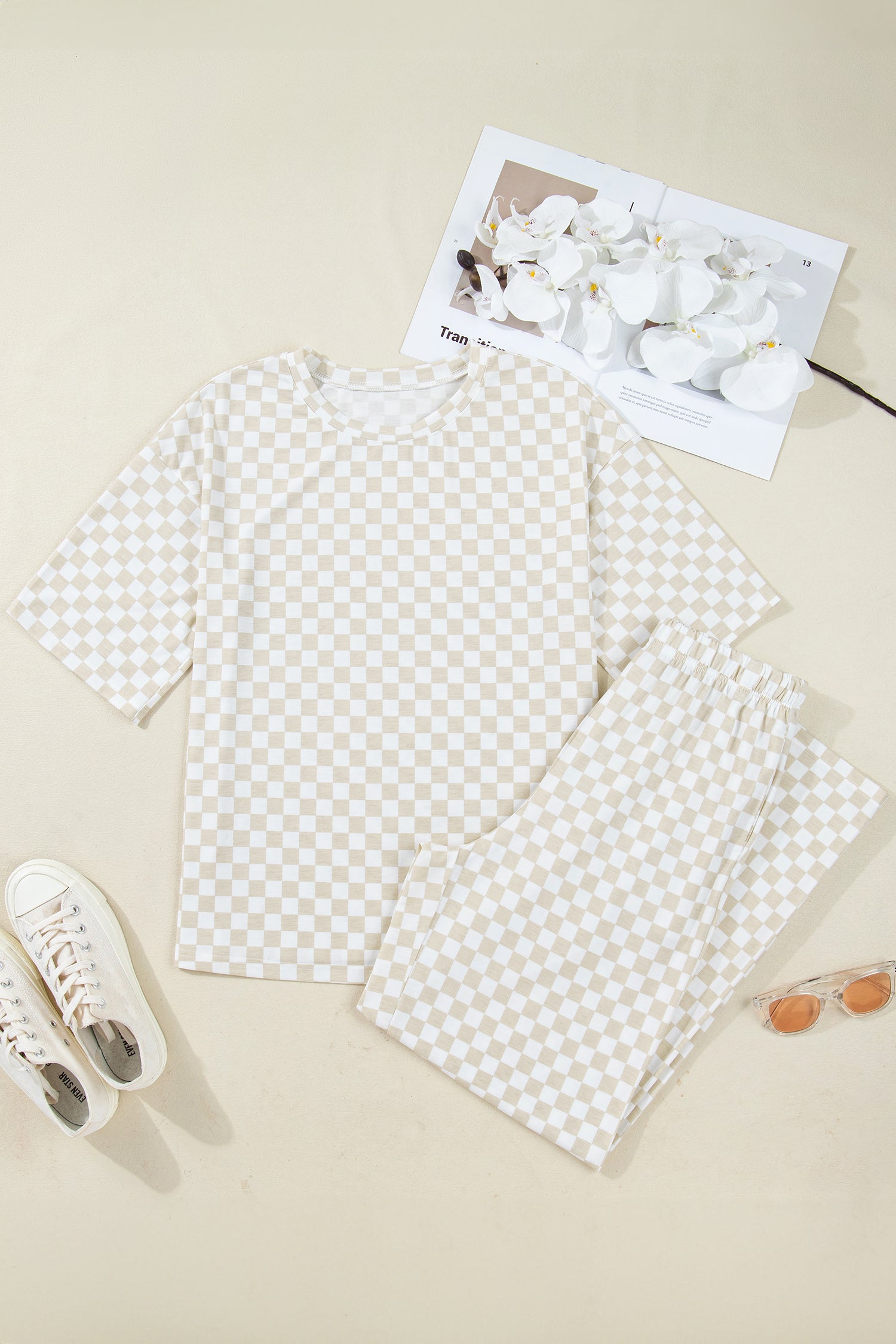 Lavendar Lane Clothing khaki checkered print half sleeve tee with matching lounge pants in a 2-piece loungewear set.
