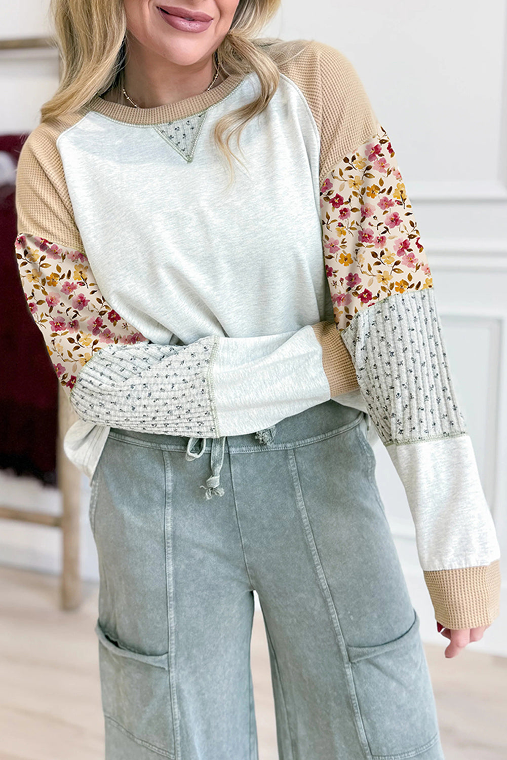 Light grey mixed print raglan sleeve blouse with patchwork and exposed seams by Lavender Lane Clothing