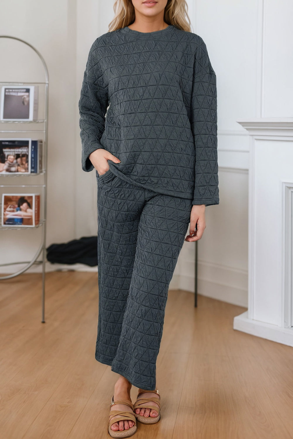Dark Grey Solid Quilted Pullover and Pants Outfit