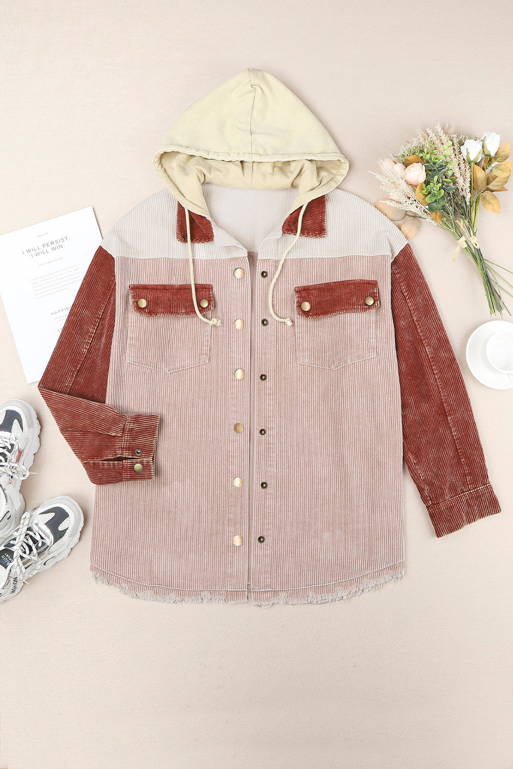 Color Block Button Down Hooded Corduroy Jacket