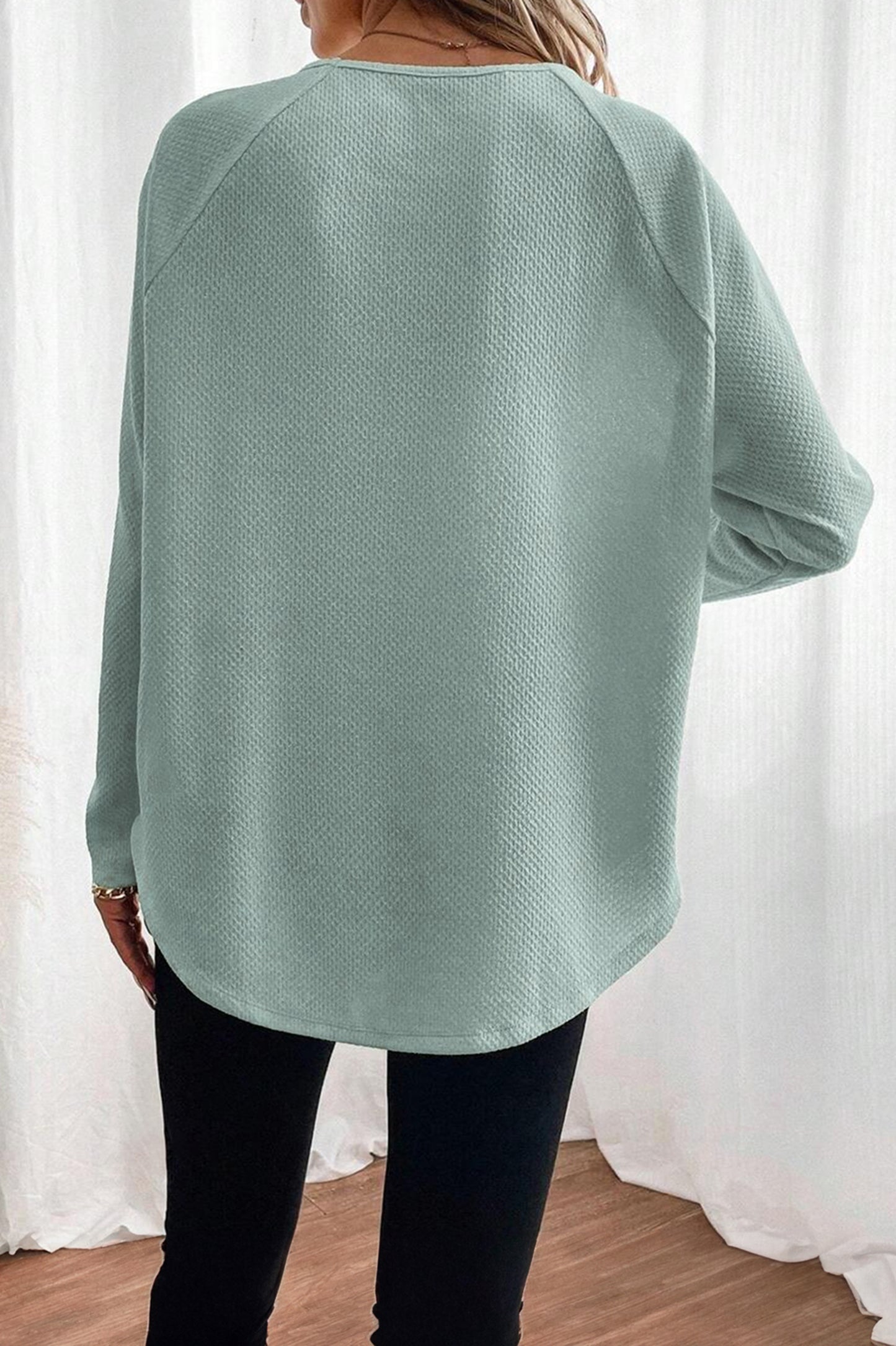 Lavendar Lane Clothing Moonlight Jade textured raglan sleeve knit blouse with a loose fit and stylish design.