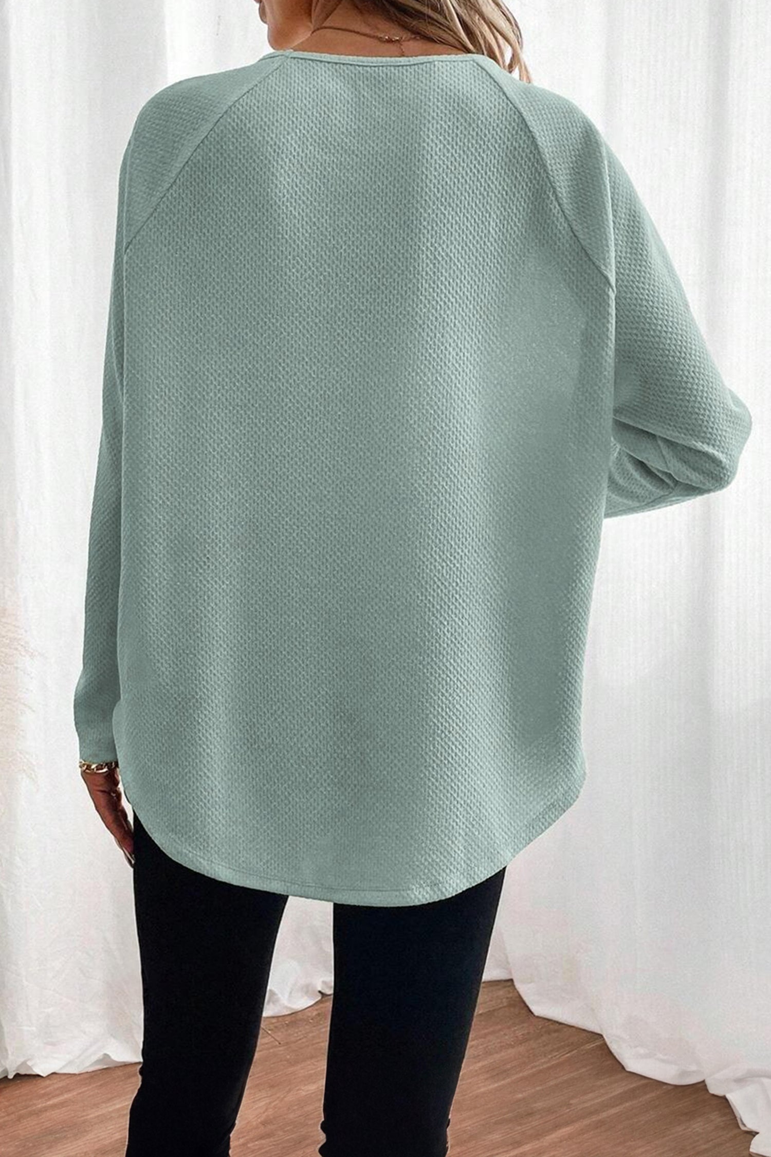 Lavendar Lane Clothing Moonlight Jade textured raglan sleeve knit blouse with a loose fit and stylish design.