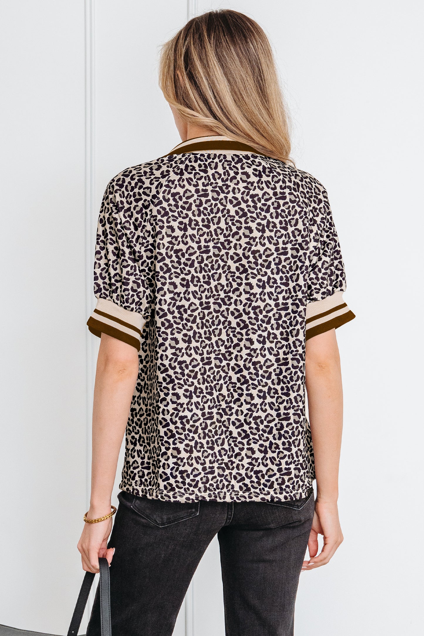 Lavendar Lane khaki leopard print half zip short sleeve top with striped trim and patchwork details, casual blouse for everyday wear.