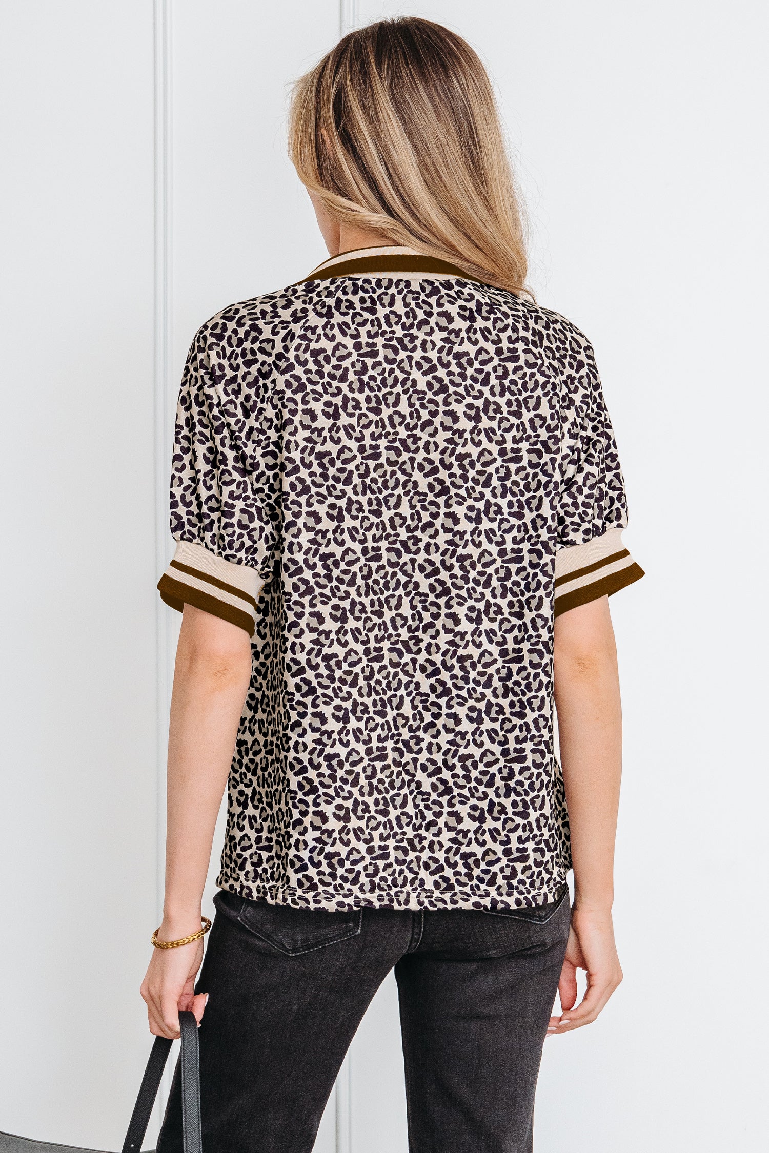 Lavendar Lane khaki leopard print half zip short sleeve top with striped trim and patchwork details, casual blouse for everyday wear.