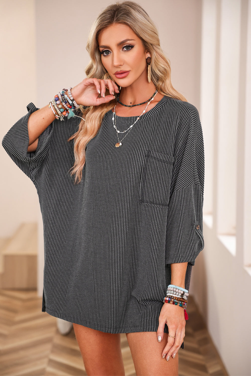 Dark Gray Ribbed Roll-tab Sleeve Chest Pocket Oversize Top