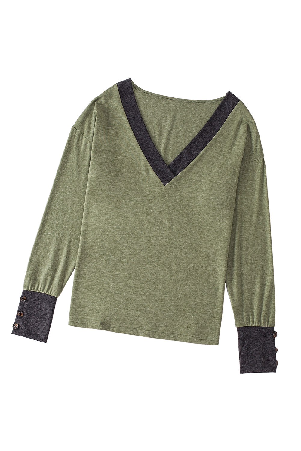 Moss Green Contrast V Neck Button Cuffed Long Sleeve Top