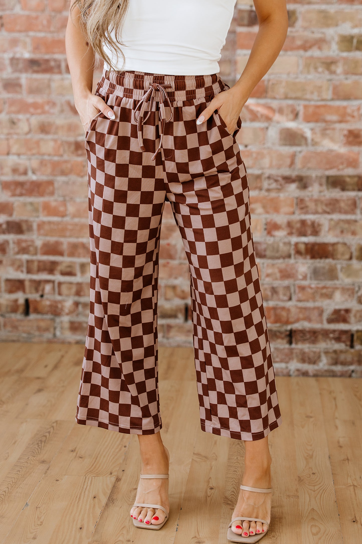 Lavendar Lane Clothing khaki checkered elastic high waist casual pants, loose fit, stylish bottoms with a relaxed silhouette.