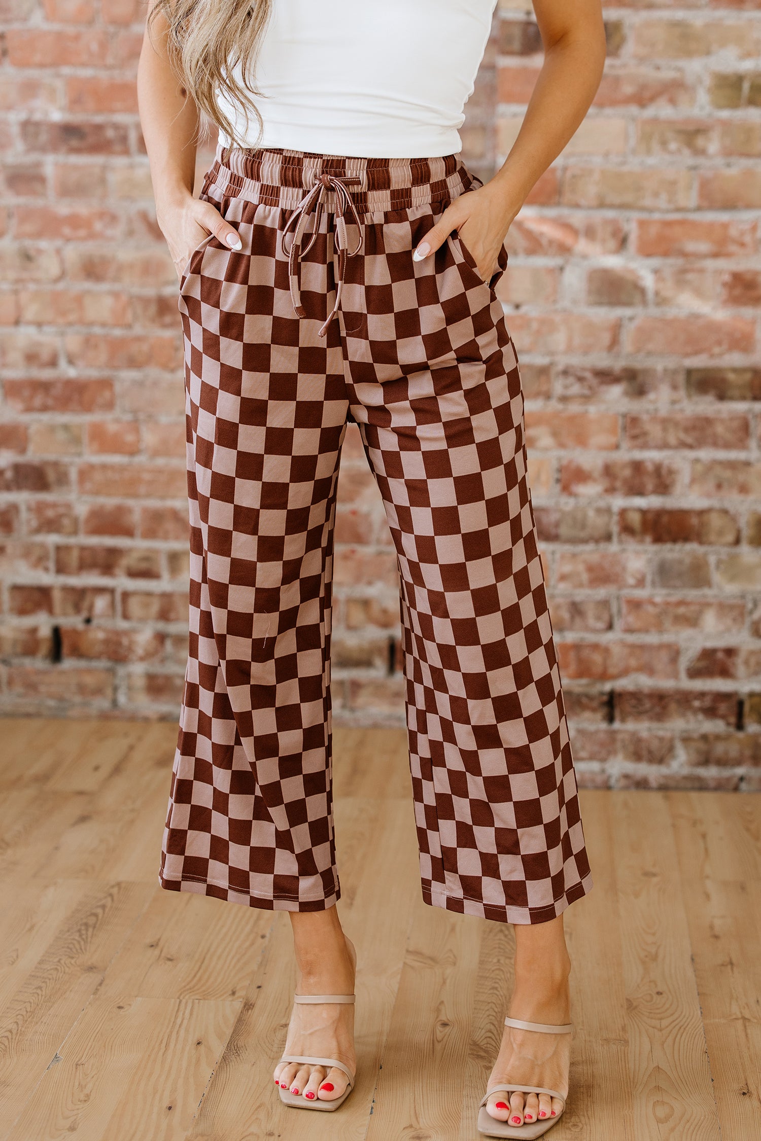 Lavendar Lane Clothing khaki checkered elastic high waist casual pants, loose fit, stylish bottoms with a relaxed silhouette.