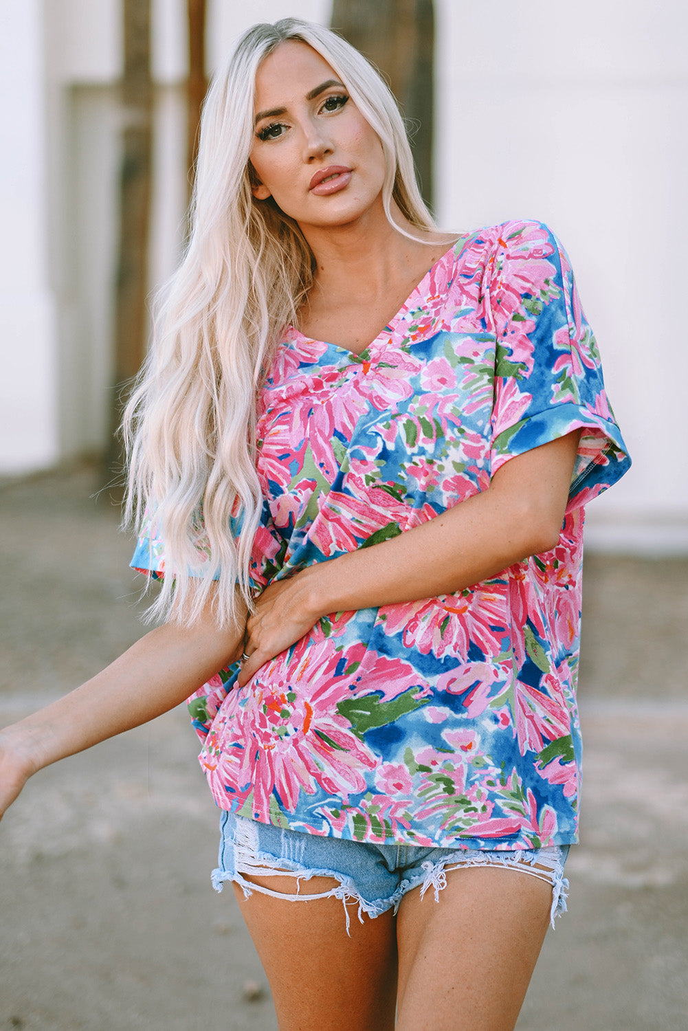 Pink Floral Print Loose Fit V Neck Top