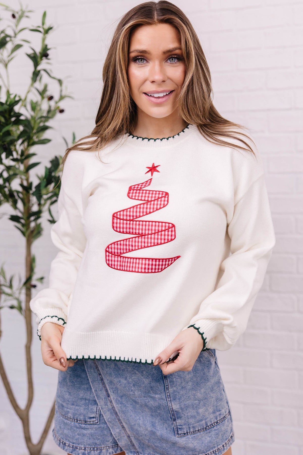 Racing Red Stitched Detail Christmas Tree Holiday Casual Sweater